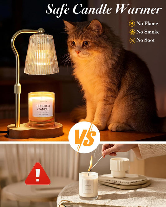 Candle Warmer Lamp, Wax Melt Warmer with 2 Bulbs for Scented Jar Candles, with Timer Dimmer Adjustable Height, Home Decor Gift for Girl Friend Mom Sister Women, No Flame No Smoke Warming Light, Amber