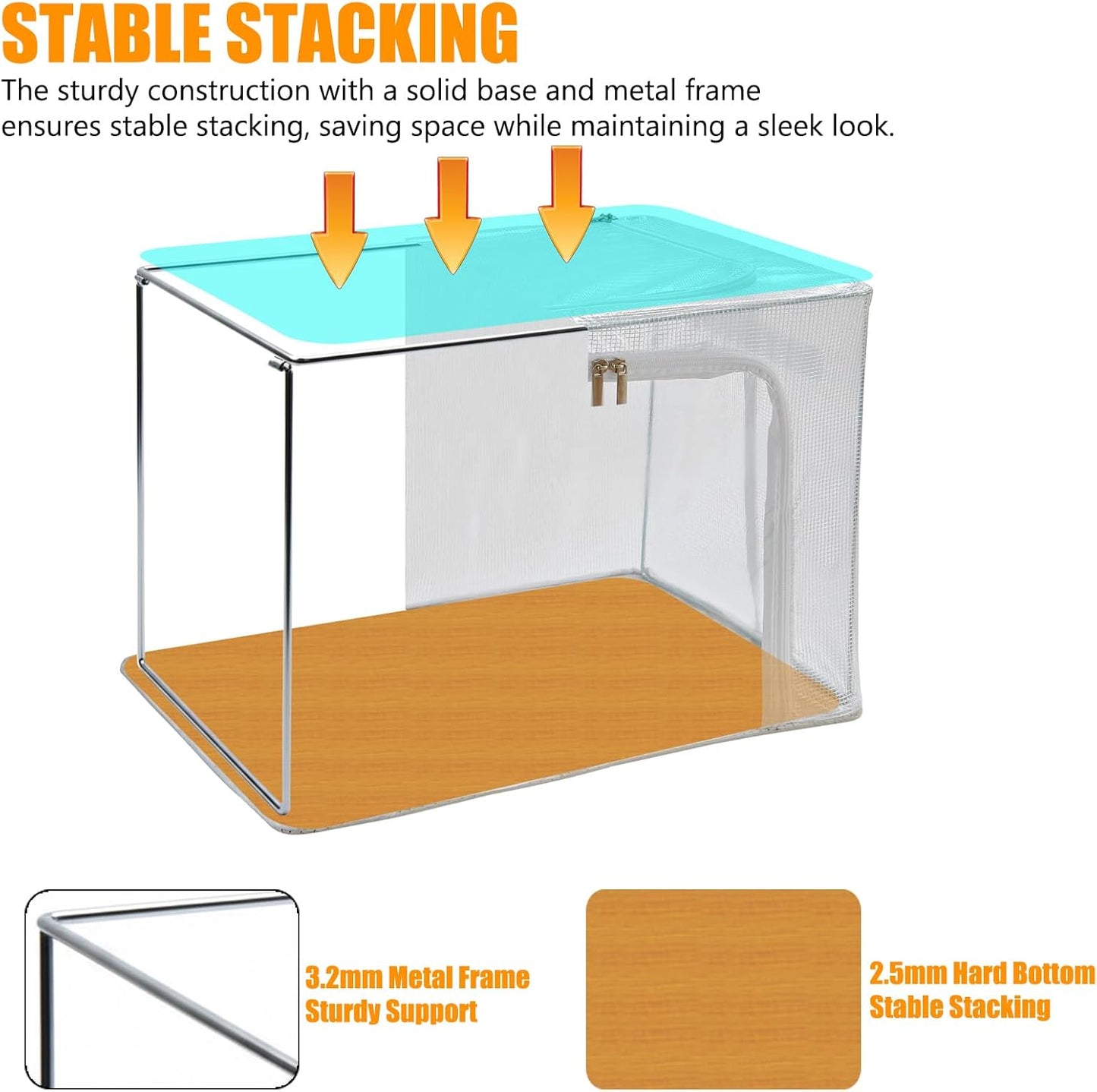 Clear Stackable Clothes Storage Bins with Metal Frame, Foldable Storage Box with Lid, Bedroom, Closet Organizers and Storage Container with Zippers & Durable Handles (Clear, 3 Pack)