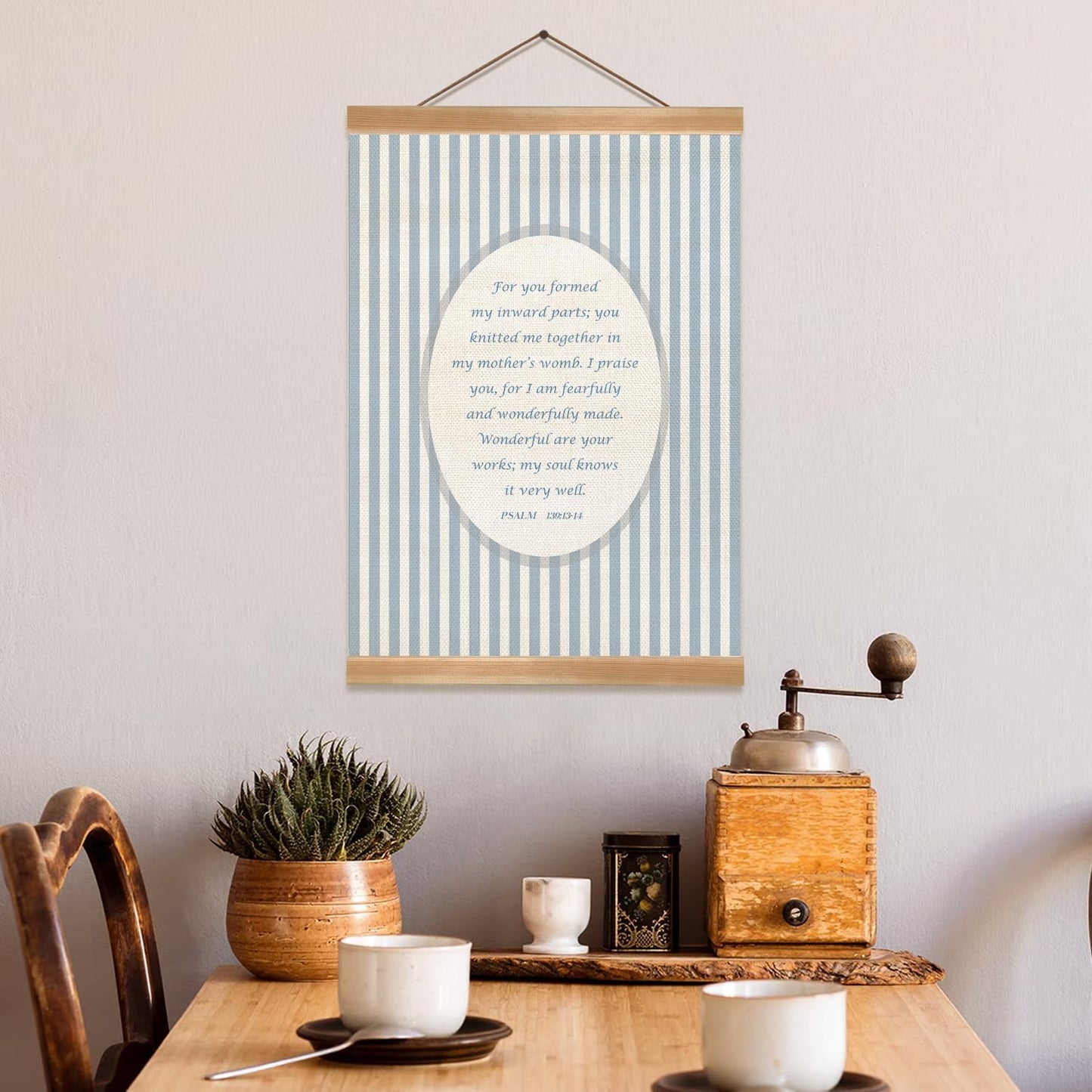 Blue Stripe Christian Wall Art Poster -God Is Within Her Bible Verse Wall Hanging Poster, Christian Inspirational Decor for Bedroom Office, or Faith-Based Gift for Women 12x16inch (Psalm 139:13-14 Blue)
