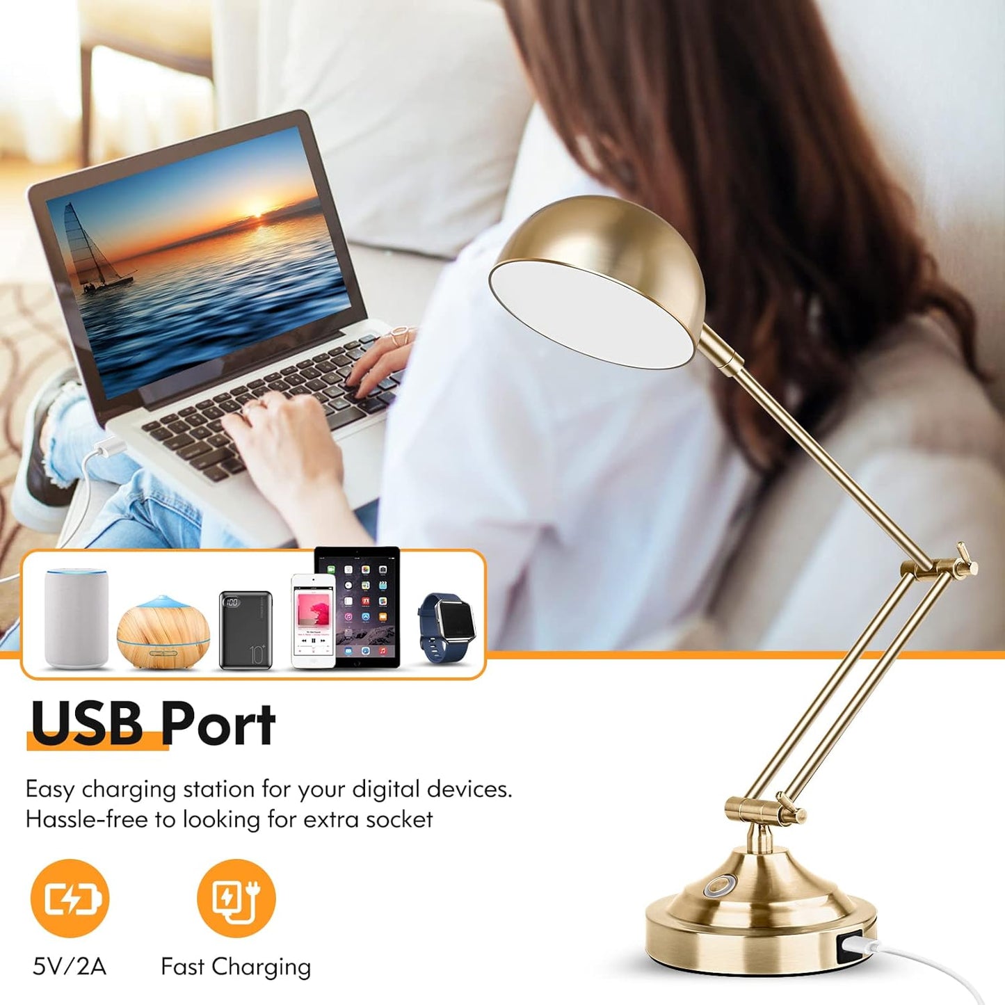 TOBUSA Architect Gold Desk Lamp Dimmable with USB Port, Adjustable Touch Control Vintage Desk Lamp 3 Color Modes, Brass Metal Desk Lamp Retro Style Reading Light for Home Office Desk Bedside Table
