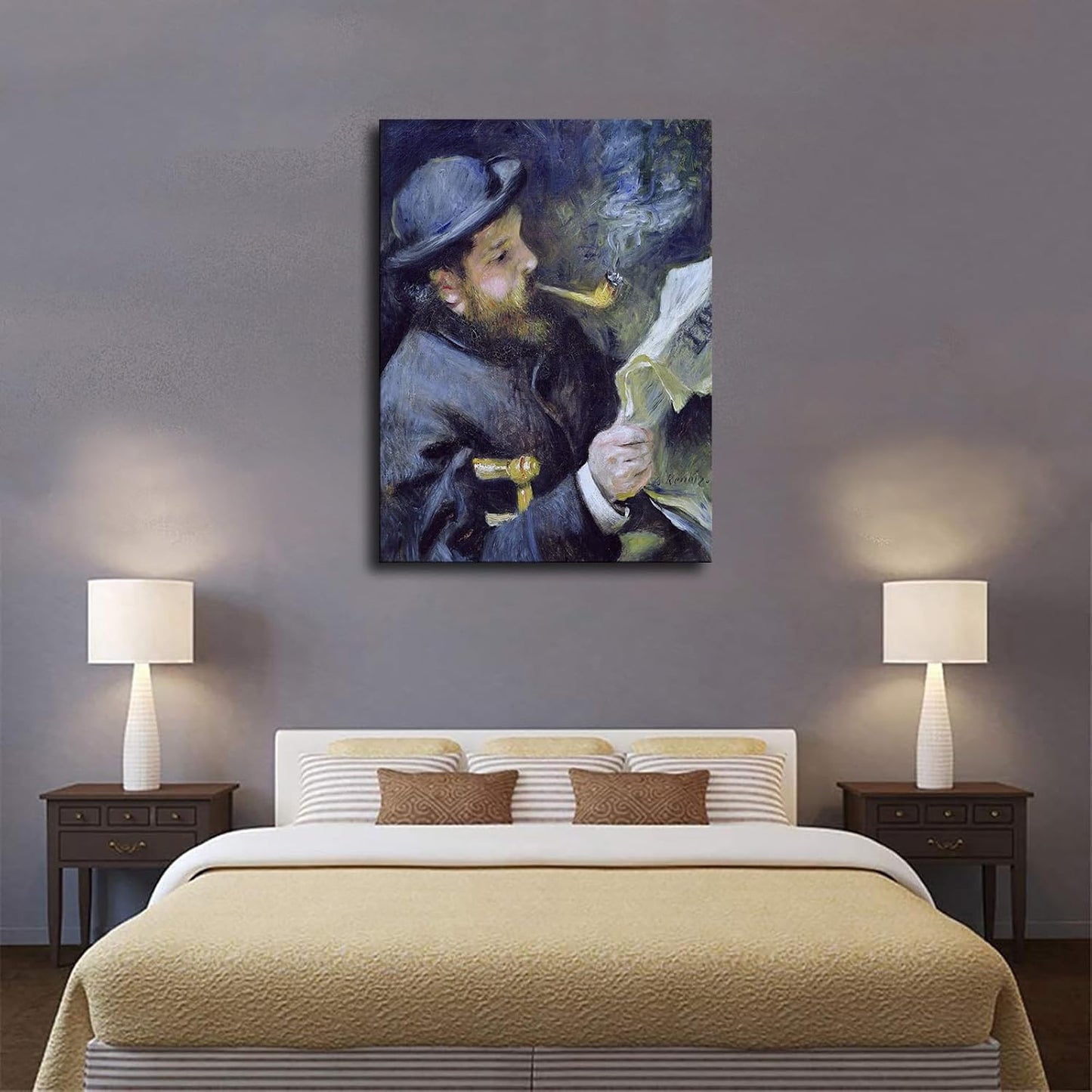 Pierre Auguste Renoir painting artwork- Claude Monet Reading Poster HD Canvas Printing Wall Art Decor Aesthetics For Living Room Bedroom kitchen bar Background Decor (12x16inch-Farmed)