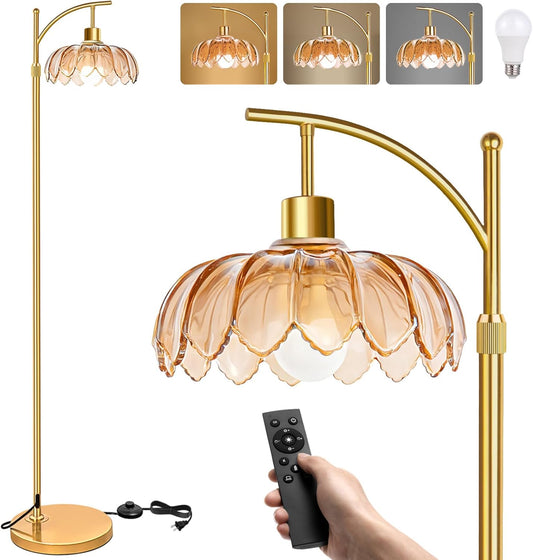 Arc Floor Lamp with Remote: Dimmable LED Gold Floor Lamps for Living Room Bedroom Office, Vintage Flower Adjustable Tall Reading Lamps Floor Standing for Housewarming Gifts