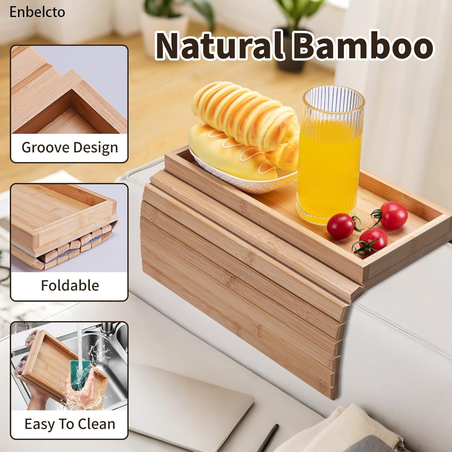 Bamboo Sofa Arm Tray Foldable Couch Arm Tray Anti-Slip Armrest Cup Holder For Couch For Drinks Snacks Phone Remote