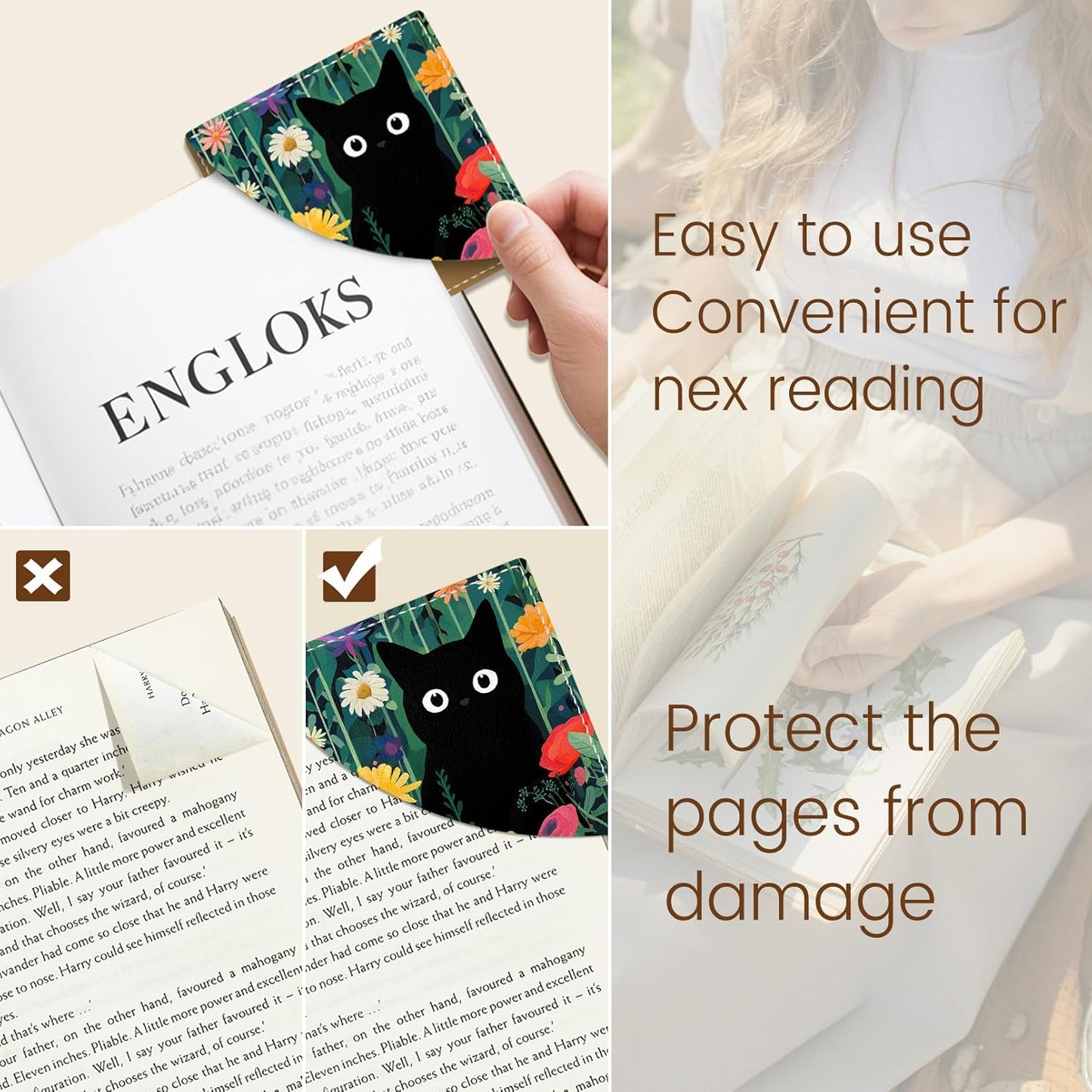 Cute Black Cat Floral Corner Bookmarks, Funny Leather Book Accessories for Book Lovers, 3 Pcs Reading Book Page Markers for Women Men Student Teacher Girls Boys Retirement Birthday Gifts