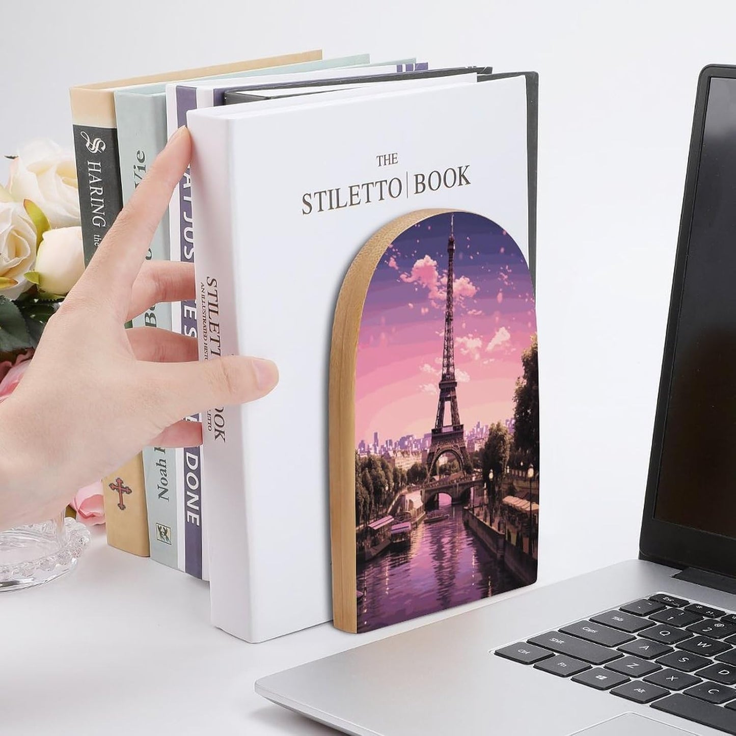 Pink Paris Bookend for Shelves Wooden Book End Large Size Sturdy Book Holders Stoppers with Metal Base for Bookshelves Slick Decorative Bookends Stands