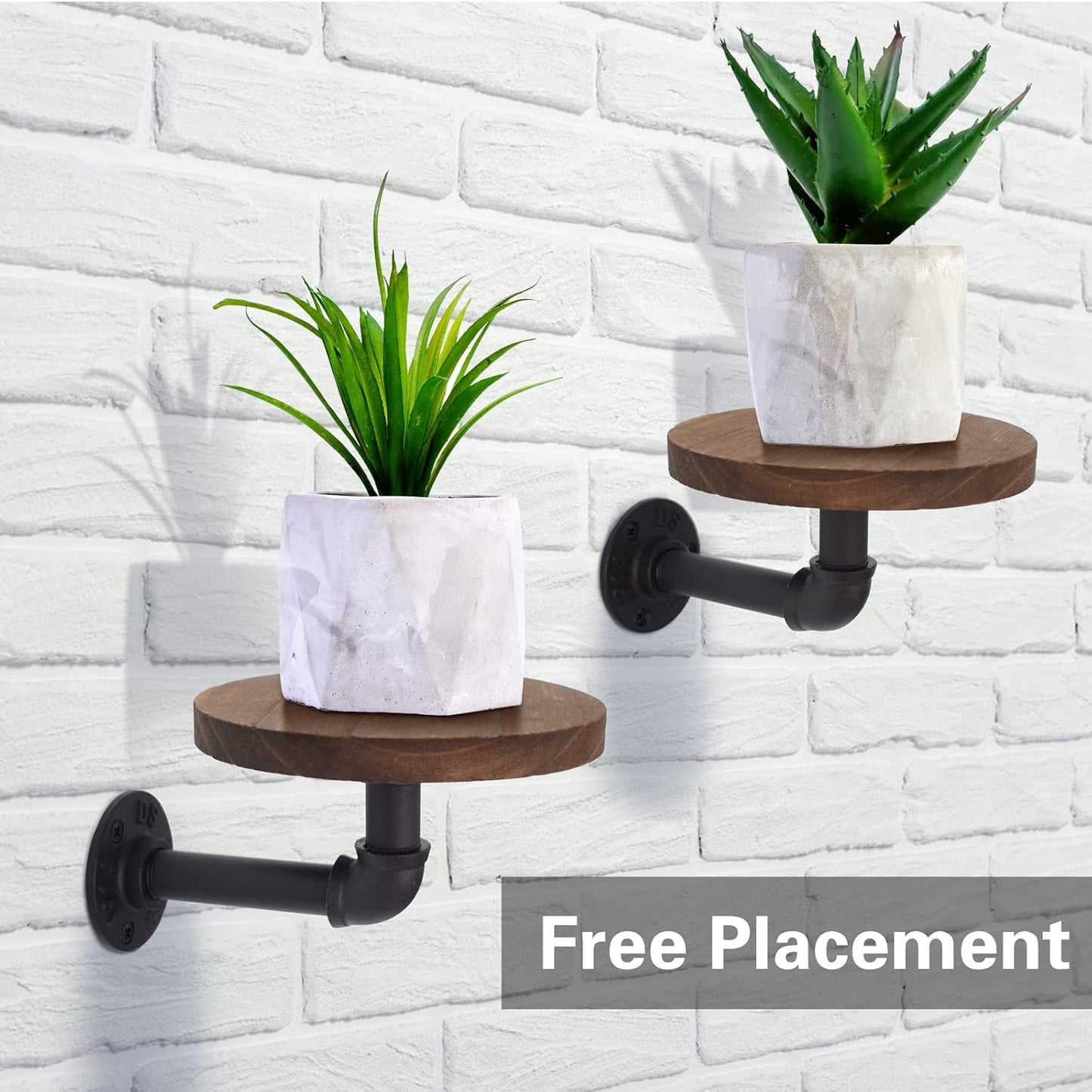 5.9inch Wall Mounted Floating Shelves Round Display Rack with Metal Industrial Pipe Brackets, Rustic Wood Shelving for Bedroom, Bathroom, Living Room, Kitchen, Set of 2