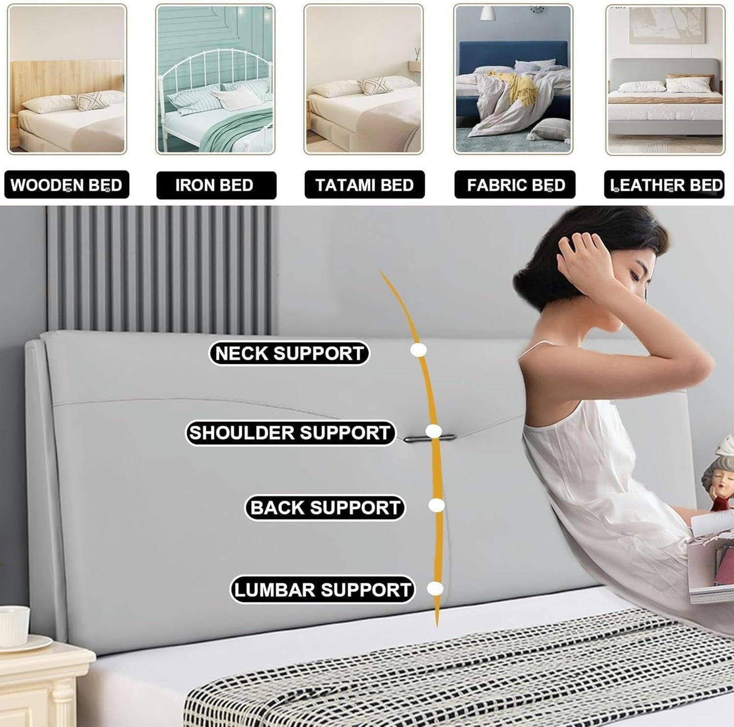 AMNOOL Faux Leather Upholstered Wall Mounted Headboard Cushion Headboard Pillowboard Bed Rest Lumbar Support Backrest Removable Cover for Daybed Dorm Bedroom, Gray