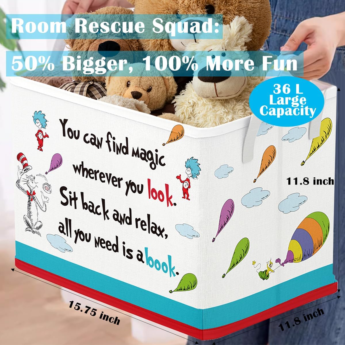 Runtoo Read Book Storage Bins Dr Inspirational Quotes Book Basket Toys Box Organizer for Kids Nursery Classroom Baby Book Shelf