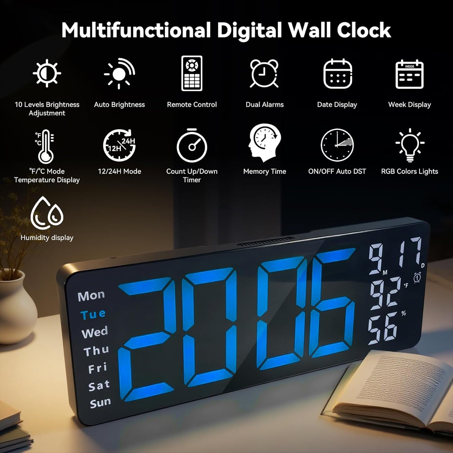 Digital Wall Clock Large Display, 17.3" Digital Clock with RGB Color Remote Control, Auto-Dimming Big Wall Clock with Night Light,Auto DST,Date Week,Temp for Home Decoration, for Elderly (Blue)