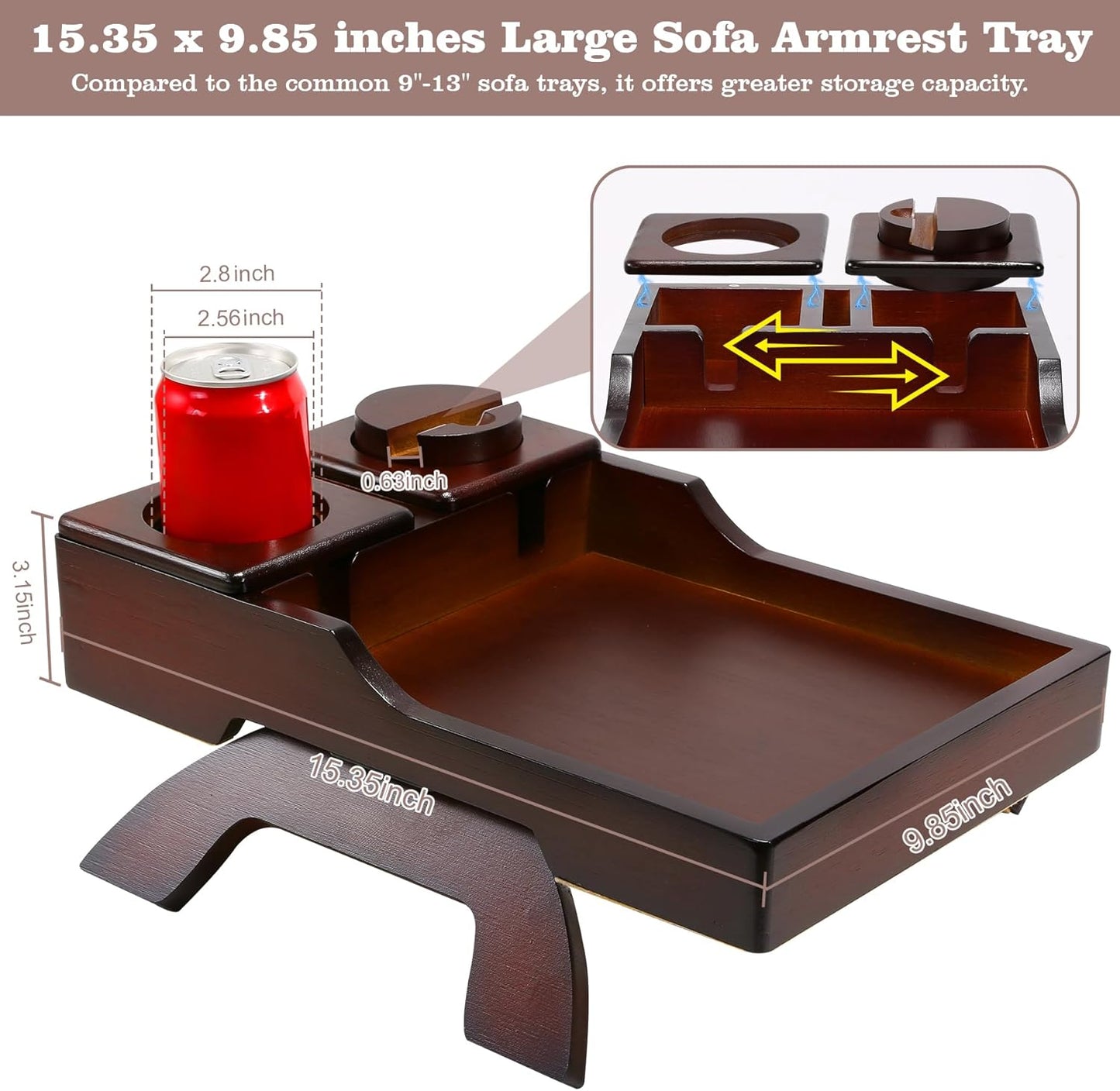 Couch Cup Holder Tray, 15.4"x9.9" Large 4 in 1 Couch Armrest Table with 360°Rotated Phone Holder, Non-Slip Clip on Side Table for Drinks/Remote/Snacks, Ideal Gift for Husband, Wife, Parents