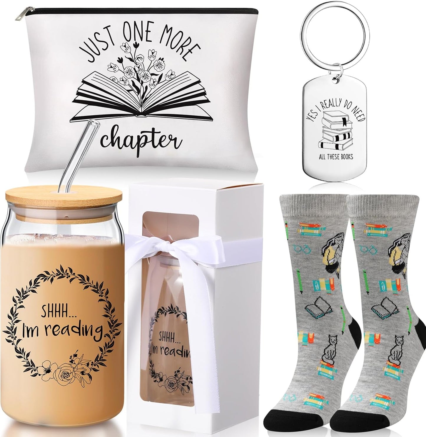 5 Pcs Book Lovers Gifts for Women Bookish Gifts for Readers Librarians Bookworms 16 oz Glass Cup Gift Box Makeup Bag Keychain Socks Birthday Presents for Book Lovers Women