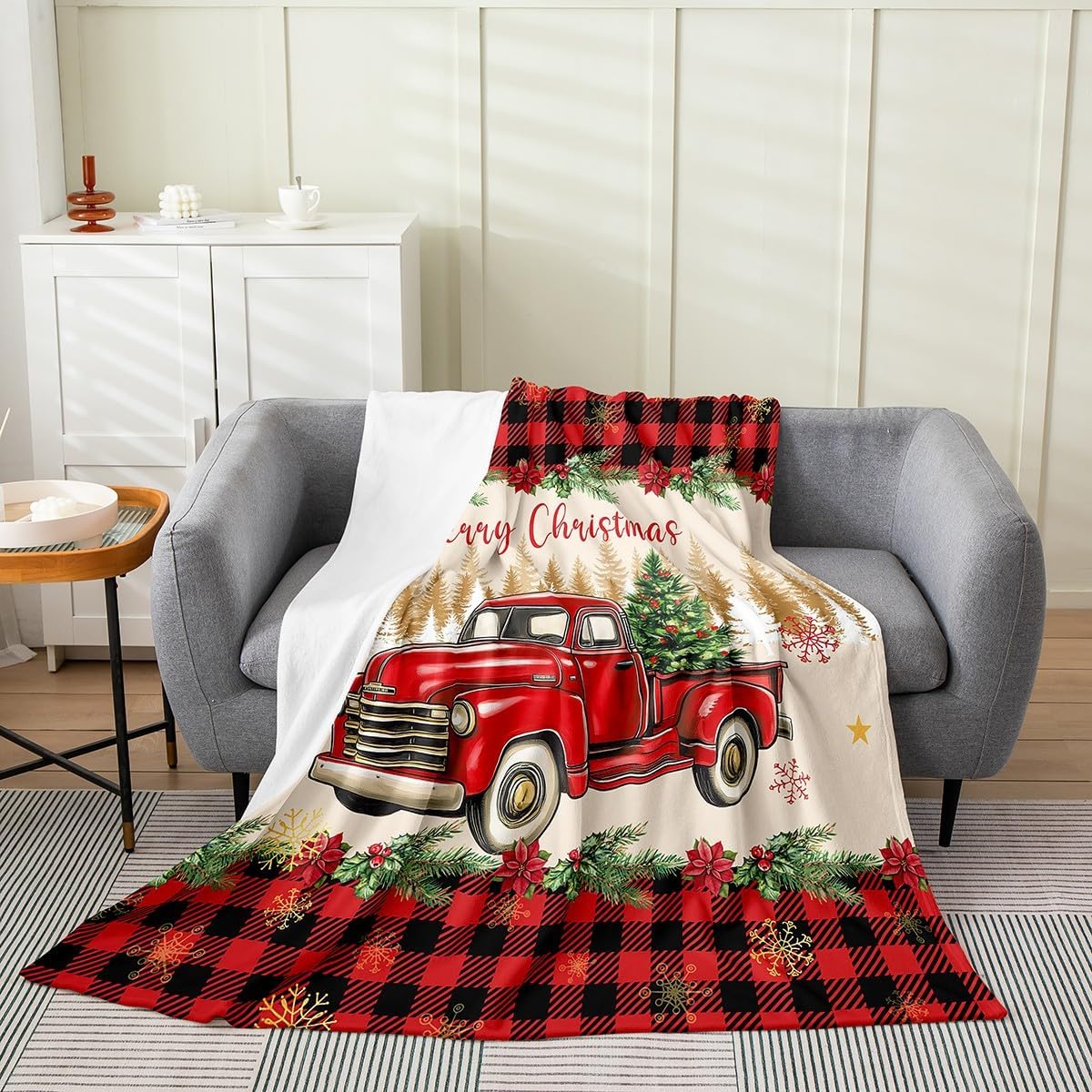 Erosebridal Merry Christmas Blanket 40x50,Red Truck Throw Blanket Soft Lightweight,Xmas Tree Fleece Blanket,Red Black Buffalo Plaid Fuzzy Blanket for Home Room Decor