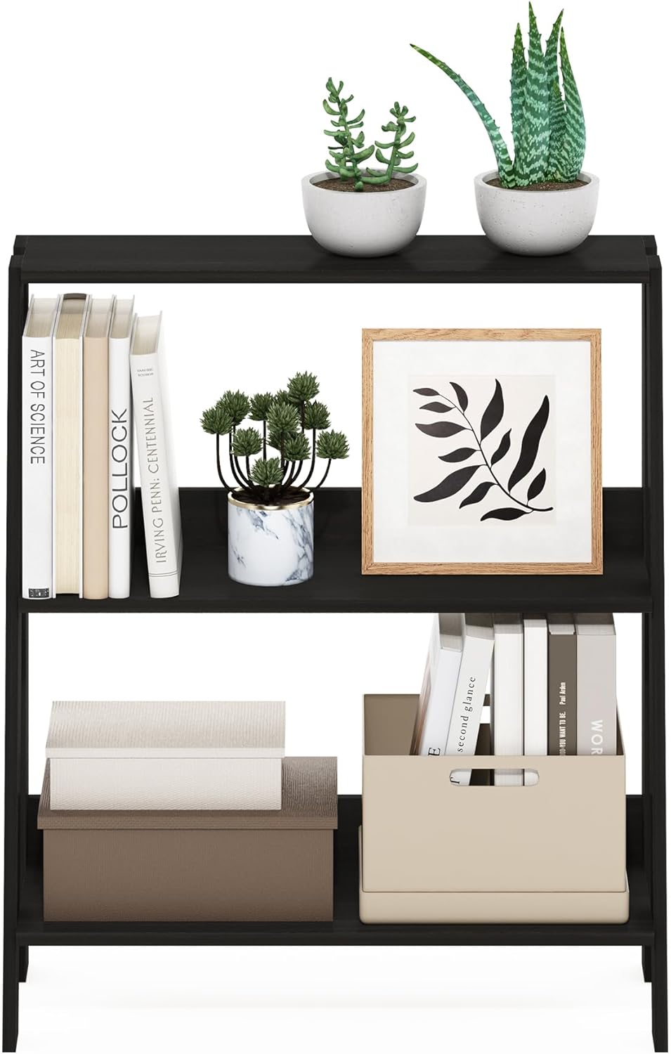 Furinno Ladder Book Shelf, 3-Tier Ladder Shelf, Open Design Bookshelf, Display Storage Bookcase, 9.3" x 23.6" x 27", Living Room, Home Office, Espresso