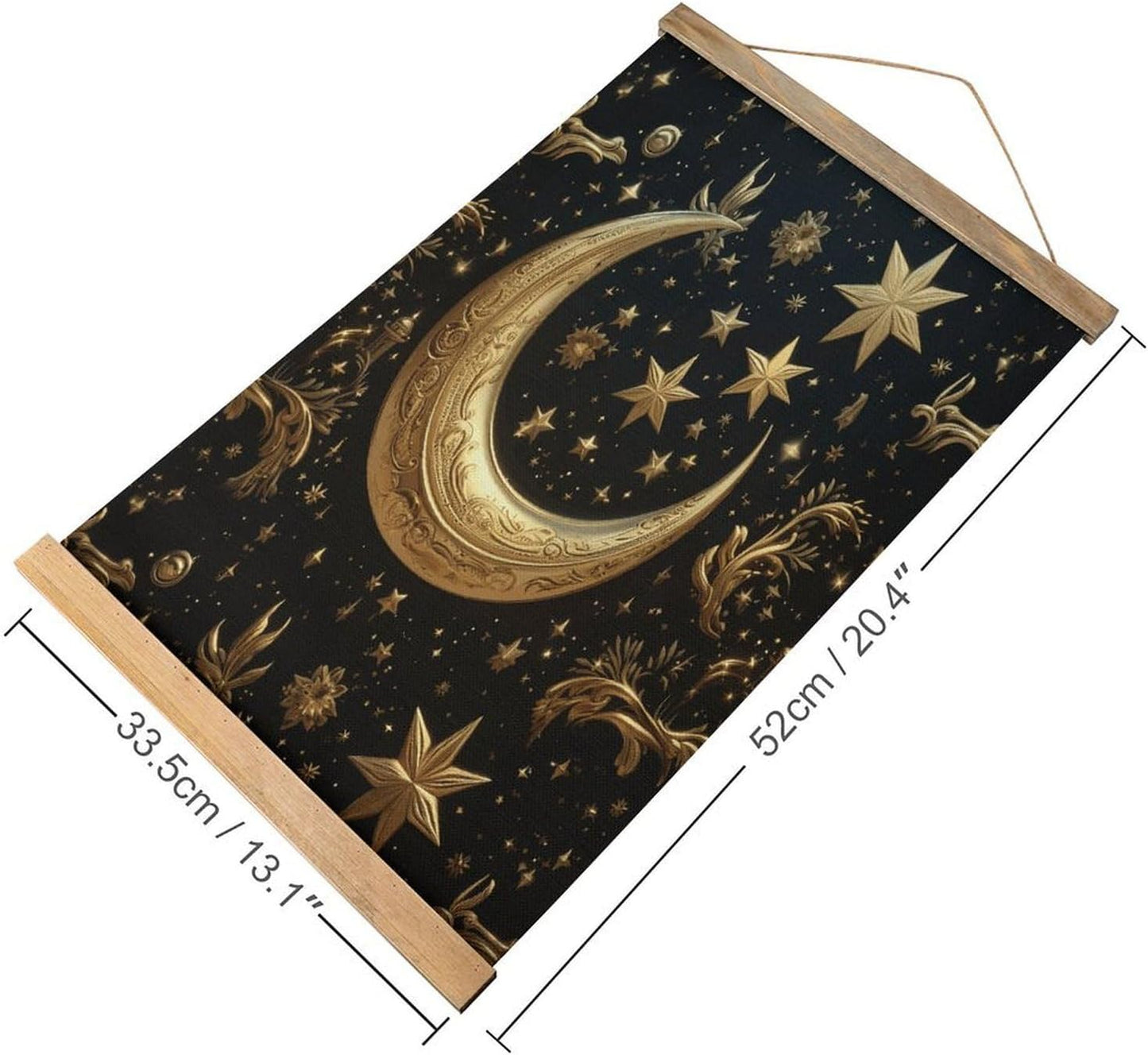 Vintage Golden Stars And Moon Poster with Wooden Frame Personalized Linen Hanging Scroll Painting Rustic Wall Hanging Illustrative Modern Artwork Decor for Home Living Room Bedroom Office