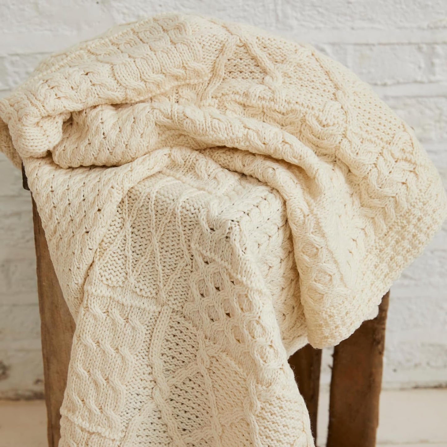 Aran Woollen Mills Patchwork Blanket, 100% Merino Wool,Cable Throw Blanket for Couch or Bed, Made in Ireland, Keel, Cream, 40" x 60" (102 x 152 cm)
