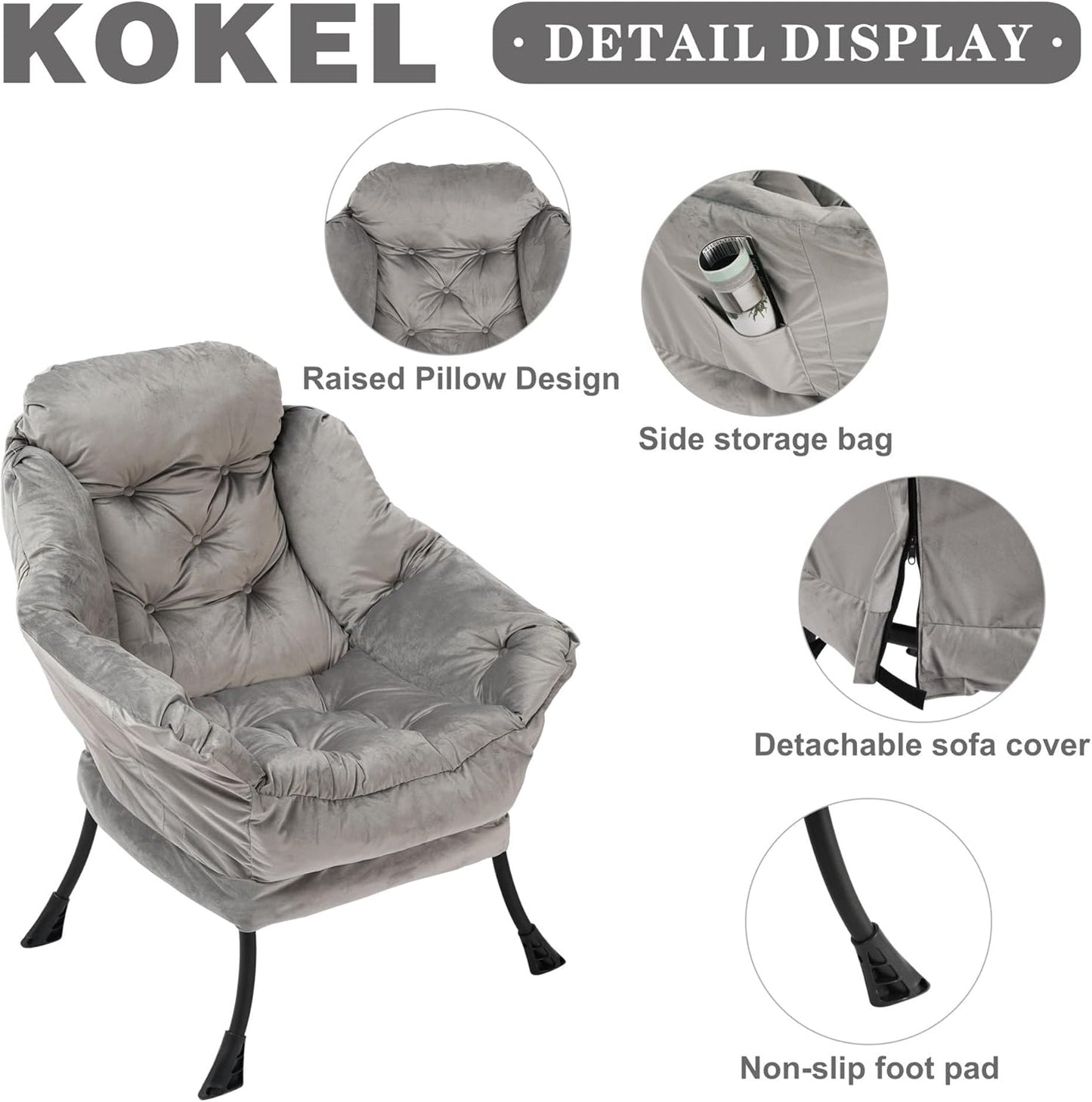 Kokel Lazy Chair with Folding Ottoman,Living Room Chairs, Accent Contemporary Lounge Chair, Single Steel Frame Leisure Sofa Chair with Armrests and A Side Pocket (Light Gray)