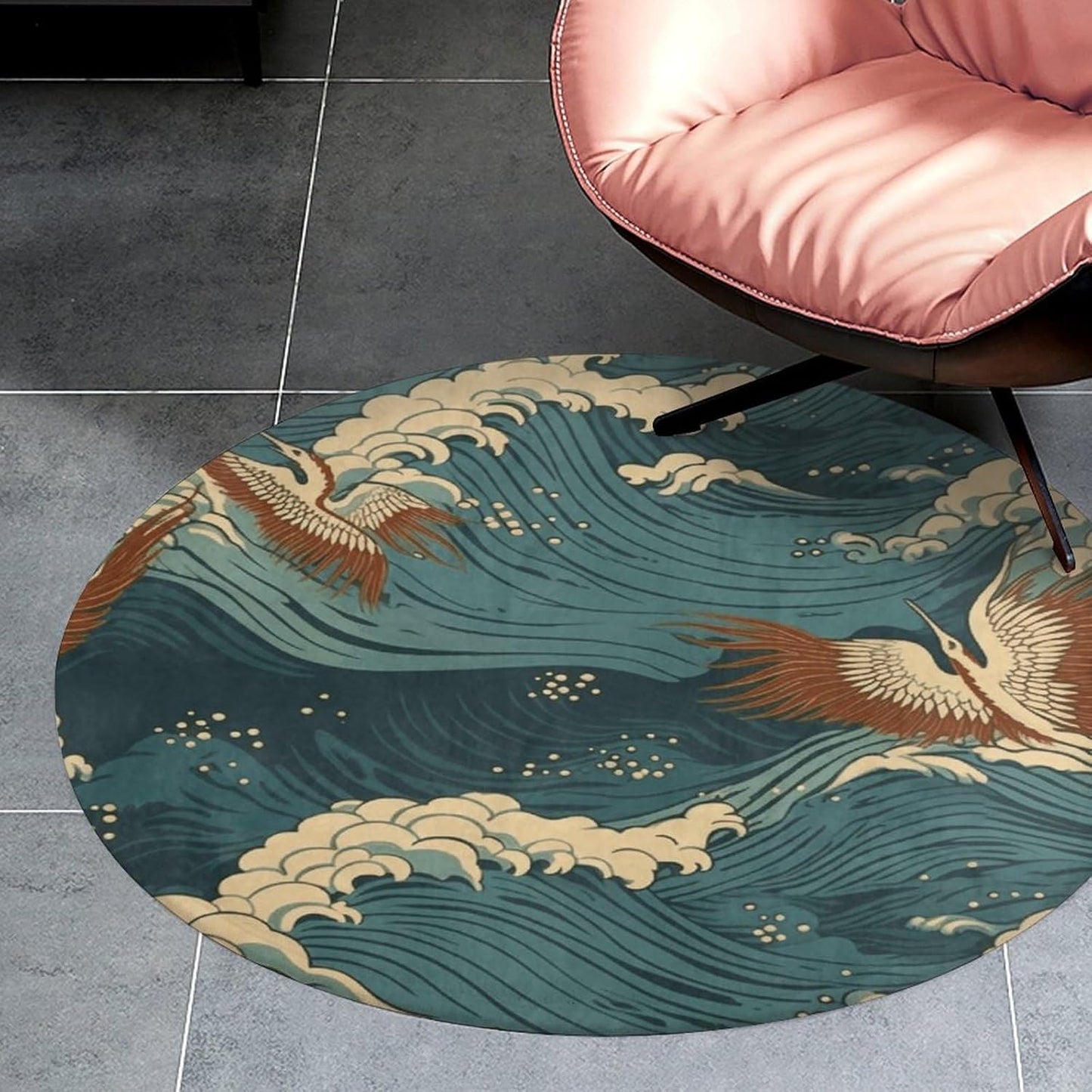 Japan Wave Wallpapers Circle Rug Retro Luxury Coral Velvet Floor Mat Non Slip Soft Indoor Floor Carpet Comfy Thickened Area Rugs Modern Aesthetic Minimalist Carpets for Home Decor