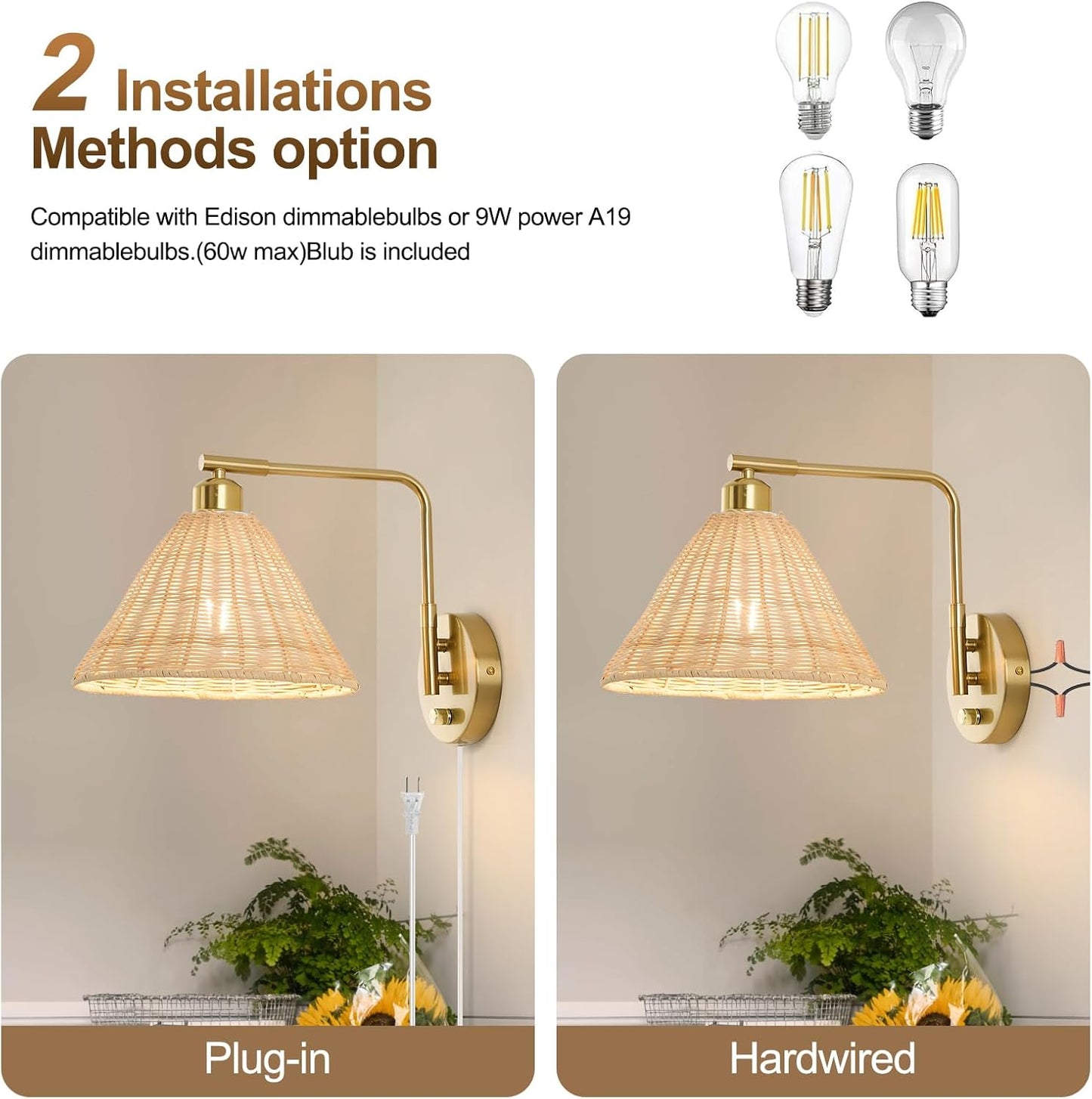 Rattan Plug in Wall Sconces Set of 2, Boho Wall Lamps with Plug in Cord and Dimmer Switch, Gold Hand Woven Swing Arm Wall Mount Light Fixture for Bedroom Living Room