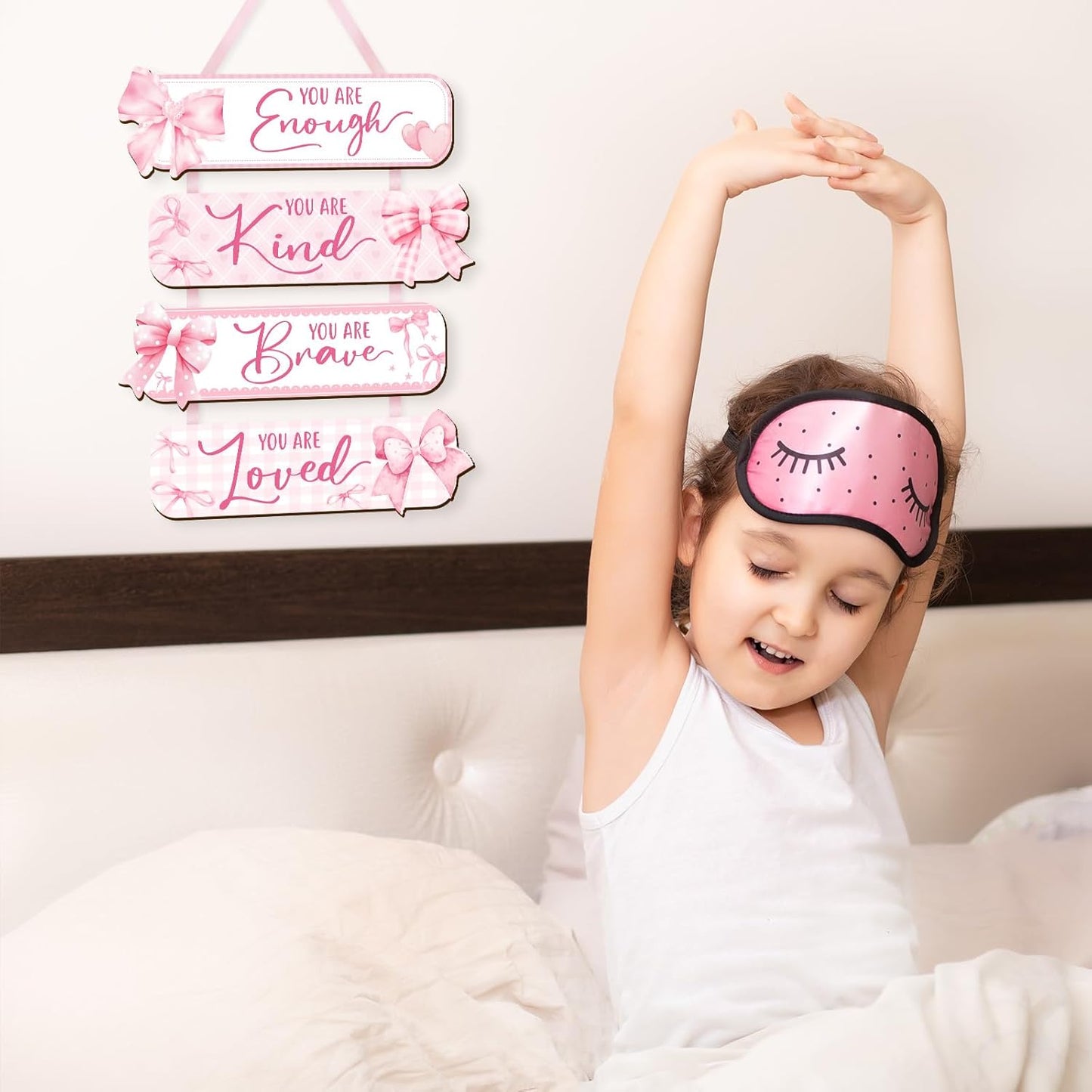 Girl Room Decor Wooden Wall Hanging Signs, Inspirational Quotes Wall Art with Bow Design, You Are Enough Kind Brave Loved, Bedroom Dorm Decor for Girls