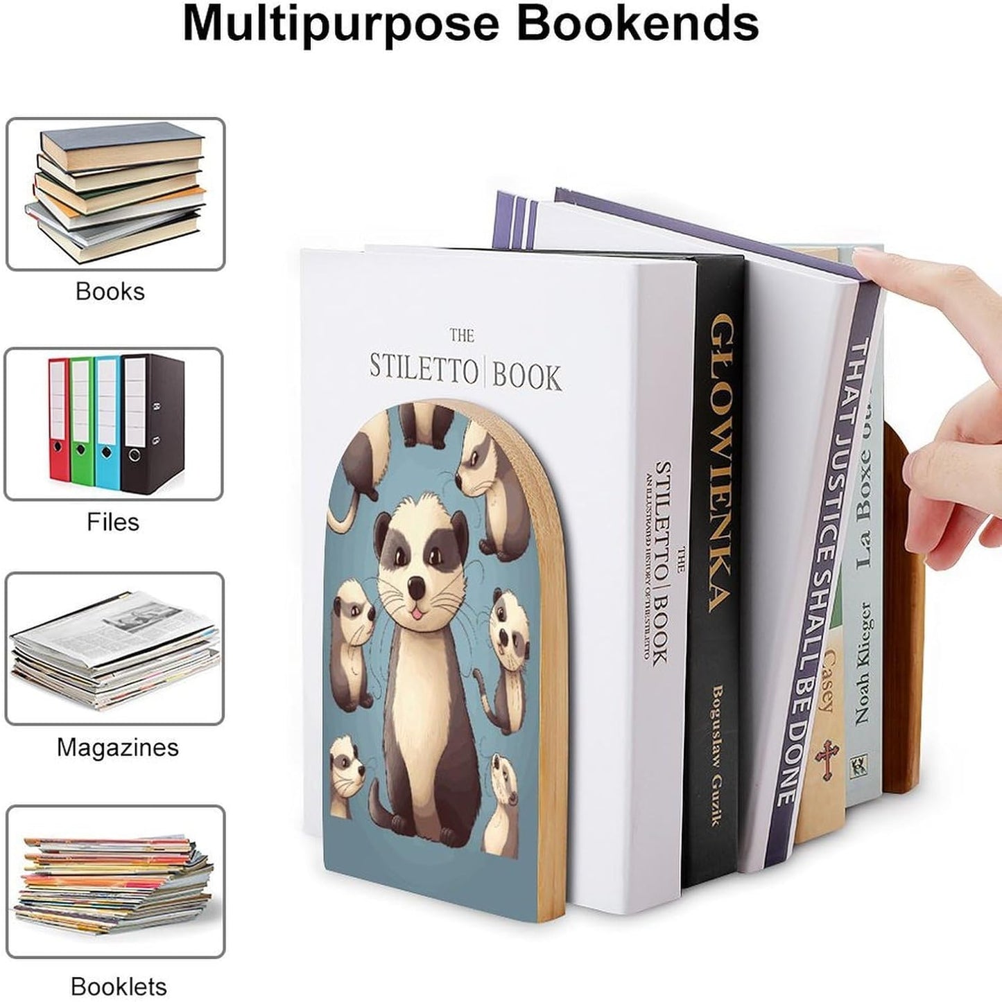 Hairy Ferret Bookend for Shelves Wooden Book End Large Size Sturdy Book Holders Stoppers with Metal Base for Bookshelves Slick Decorative Bookends Stands