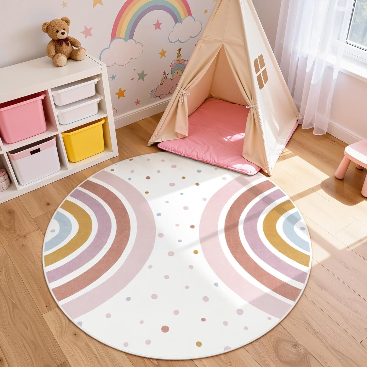 STARUIA Round Rainbow Nursery Rug, 5 Ft Washable Kids Rug for Playroom, Non-Slip Colorful Rugs for Classroom, Large Princess Rugs Soft Girls Bedroom Carpet for Kids Room Reading Nook