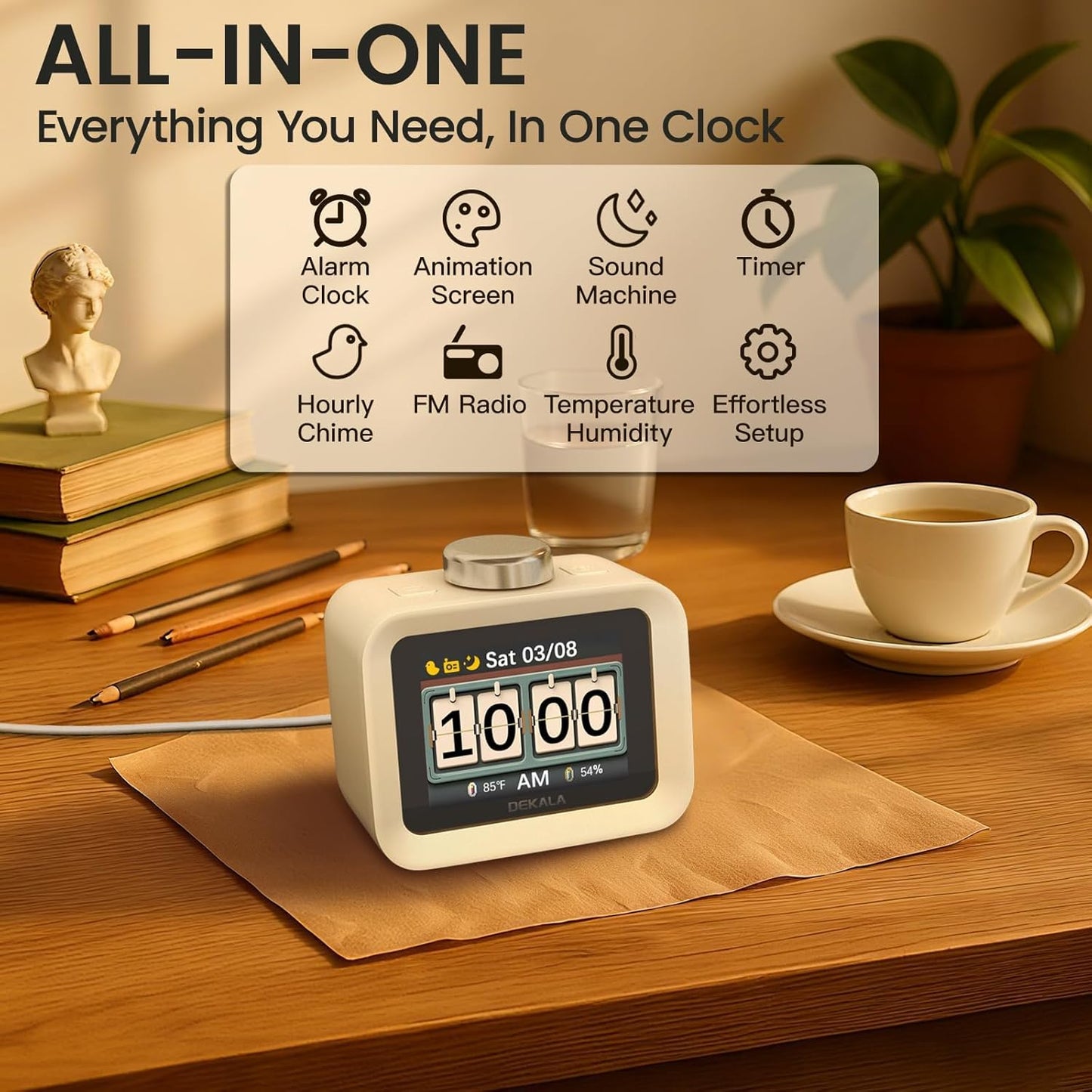 Dekala ChronoSense Alarm Clock for Bedroom Temperature Humidity, 7-Day Programmable 4 Alarms, 100dB Loud Gradual Alarm for Heavy Sleeper, Visual Timer Clock Radio，White Noise Sound Machine