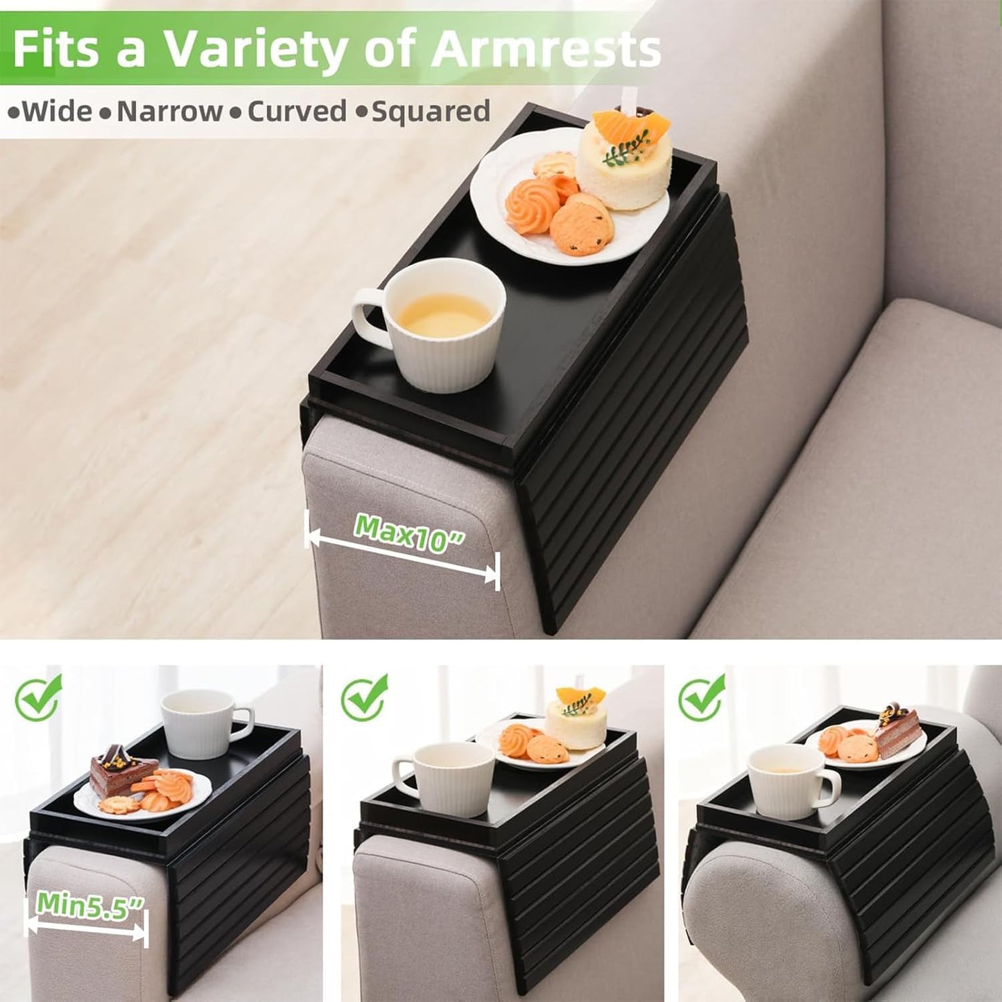 LESSF Couch Armrest Table, Bamboo Couch Arm Tray Sofa Arm Tray with Cup Mats, Anti-Slip Arm Chair Table Trays Sofa Side Table Sofa Arm Table for Remote Control, Drinks, Snacks, Phone, Cups (Black)