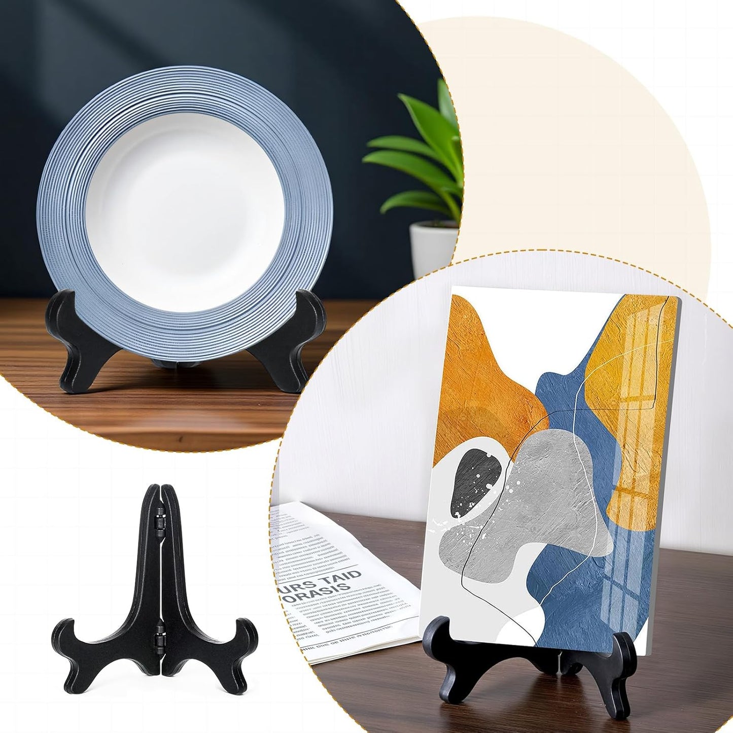 4" Easel Plate Holder, Black Wood-Like Plastic Display Stand Folding Small Plates Stand for Decorative Picture Frame Book Dish Artwork Easels