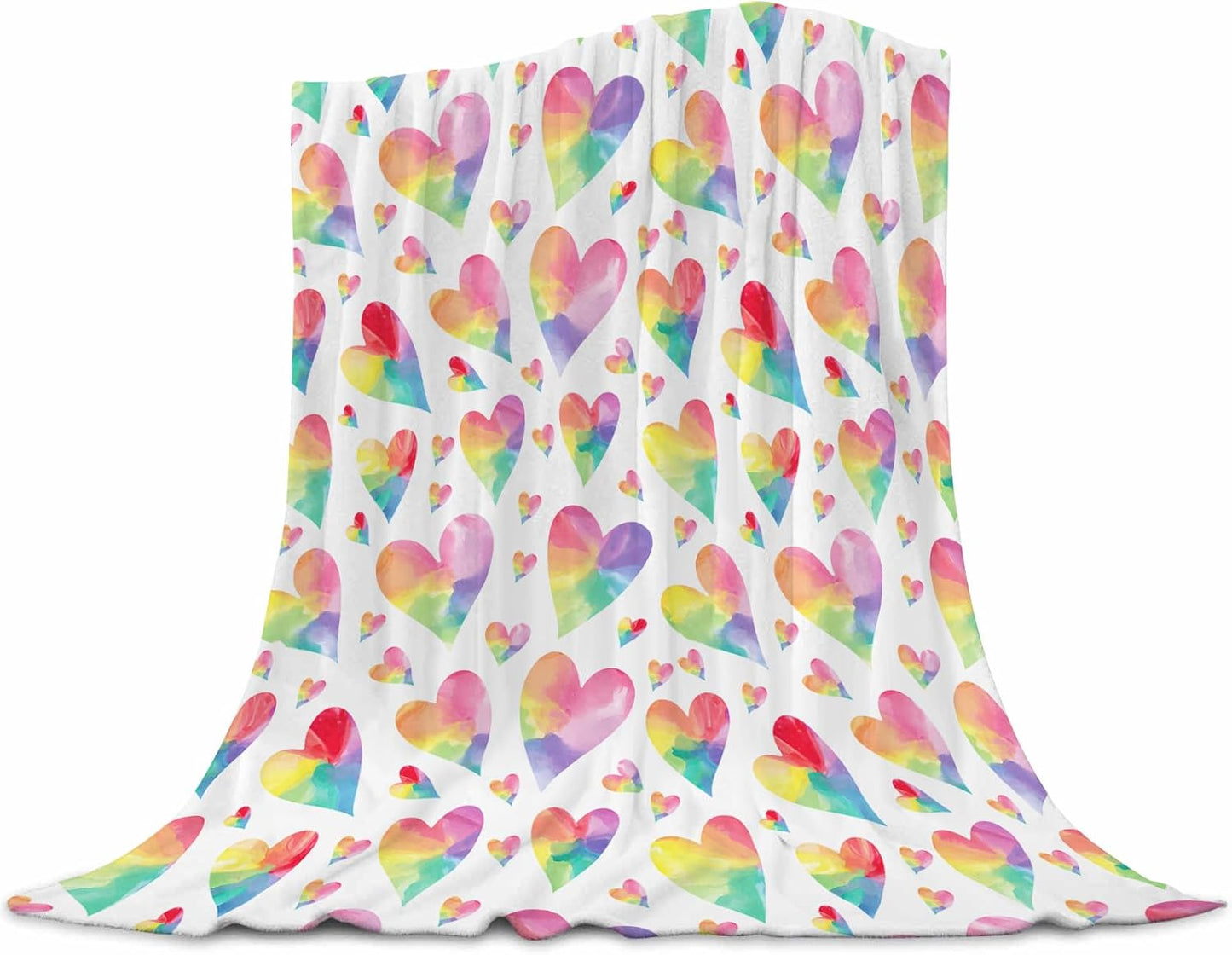 Love Heart Throw Blanket for Couple - Colorful Rainbow Heart Pattern Soft Flannel Fleece 40x50 Inches