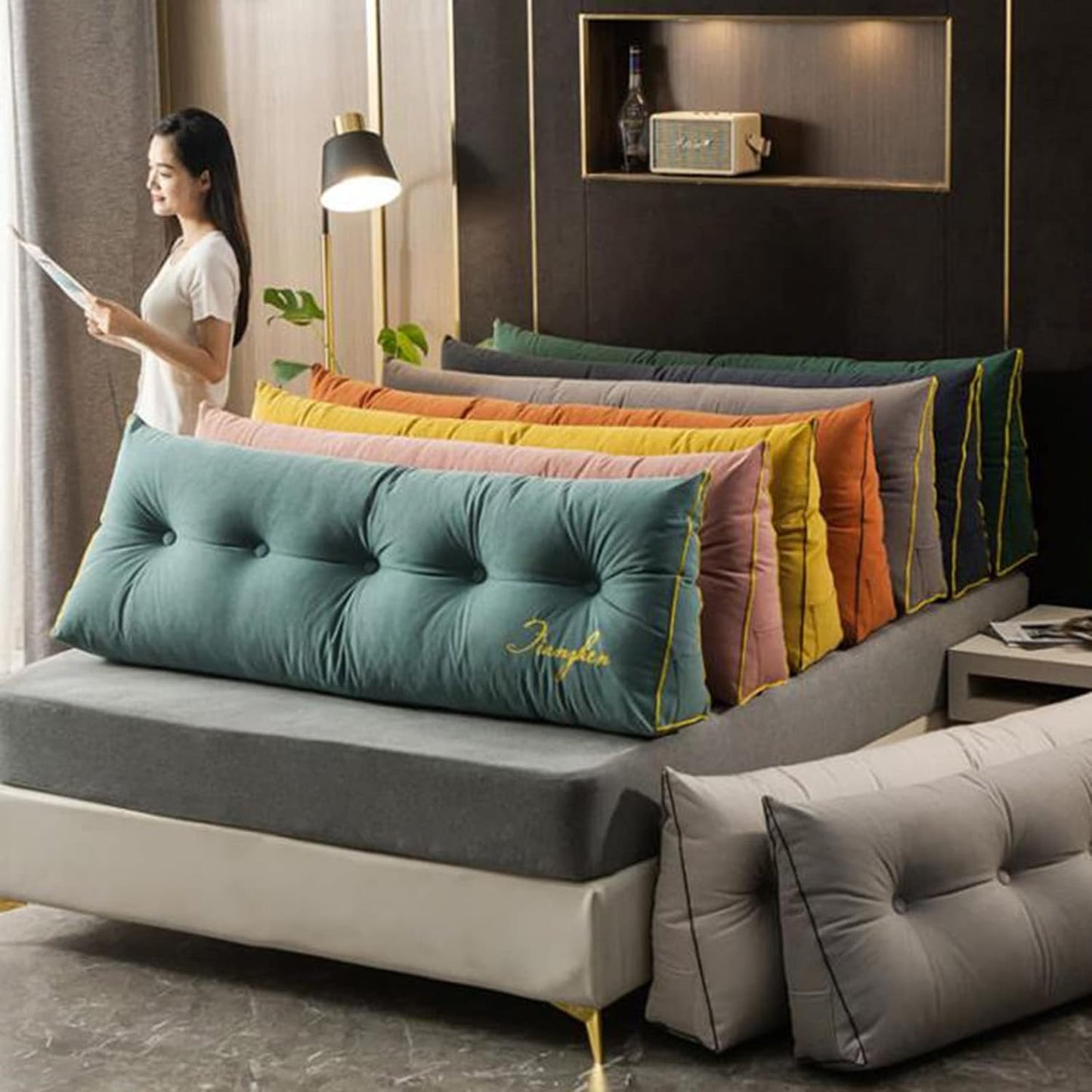 Triangular Headboard Backrest Reading Pillows Wedge Pillow Back Cushion Letter Embroidery Reading Support Pillows Daybed Removable Washable(Size:80×50×20cm,Color:F)