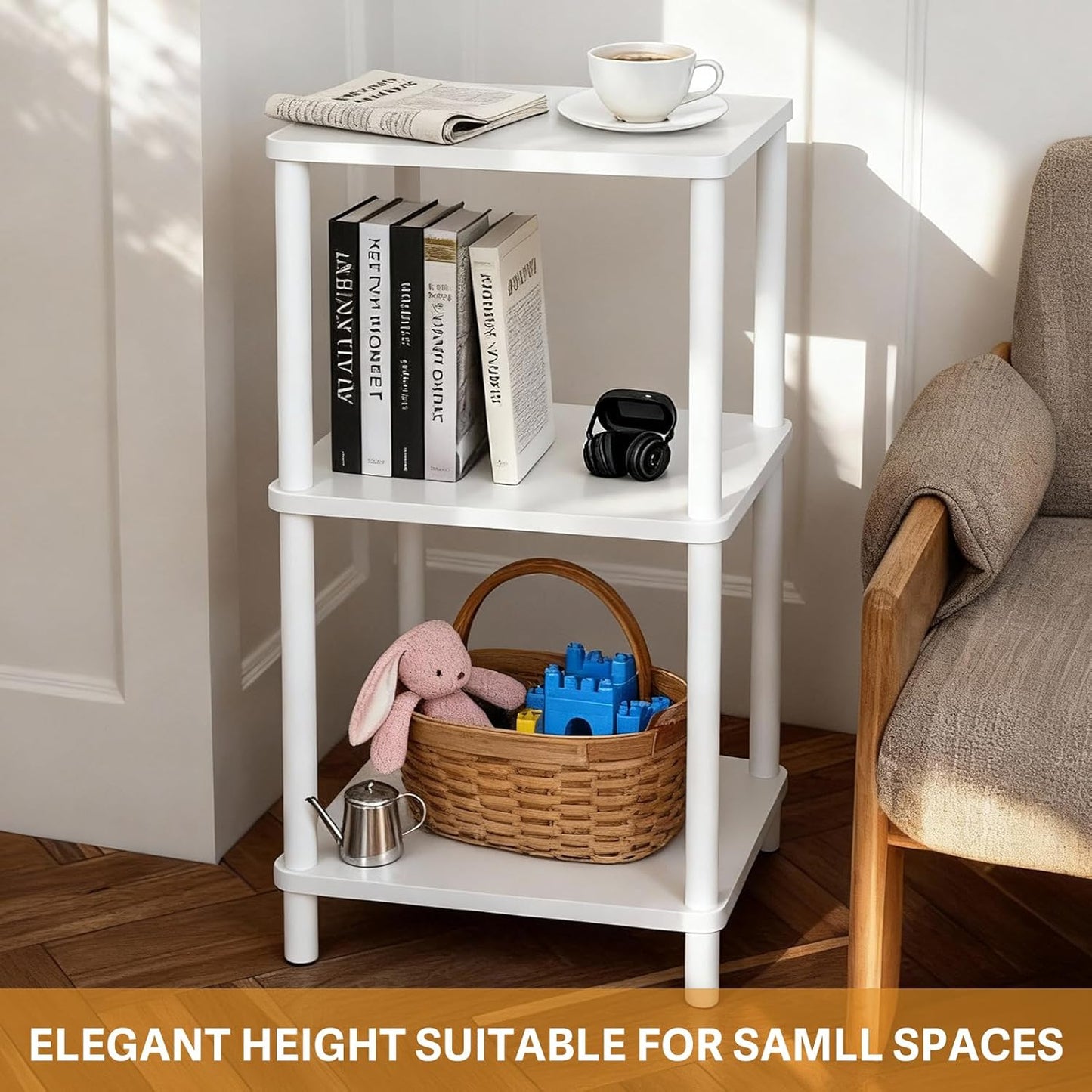 YGYQZ 3 Tier White Side Table ，Small End Table with Solid Wood Legs，28' Tall Bedside Table with Storage Shelf，Nightstand for Small Spaces，Living Room,Bedroom，Bathroom,No Tool Installation