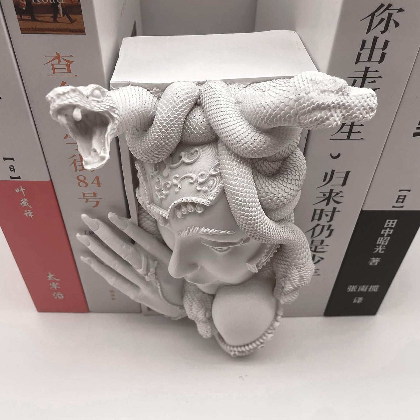 Medusa Head Book Nook, Unique Snake Women Face Decorative Bookends, Heavy Duty Book Stopper for Home Office Desk, Vintage Shelf Decor (White)