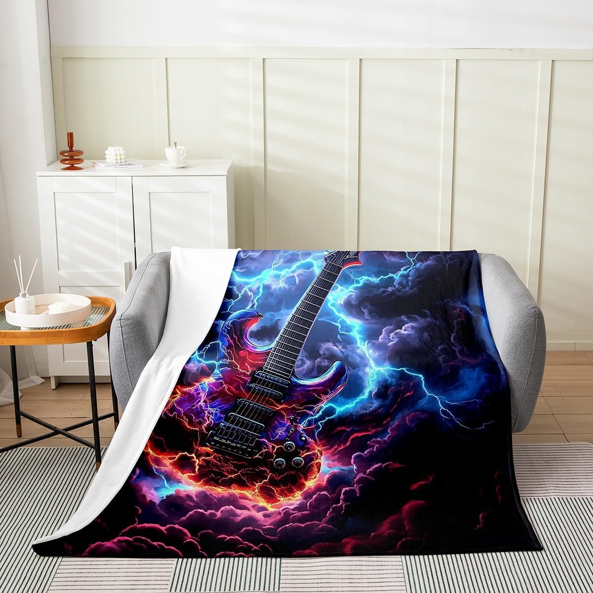 Electric Guitar Fleece Throw Blanket Soft Cozy Lightning Flame Flannel Blanket for Kids Women Adults Rock Music Plush Blanket Dark Clouds Fuzzy Blanket for Sofa Bed Couch(60x80 Inches)