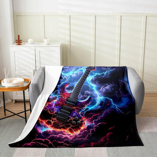 Electric Guitar Fleece Throw Blanket Soft Cozy Lightning Flame Flannel Blanket for Kids Women Adults Rock Music Plush Blanket Dark Clouds Fuzzy Blanket for Sofa Bed Couch(60x80 Inches)