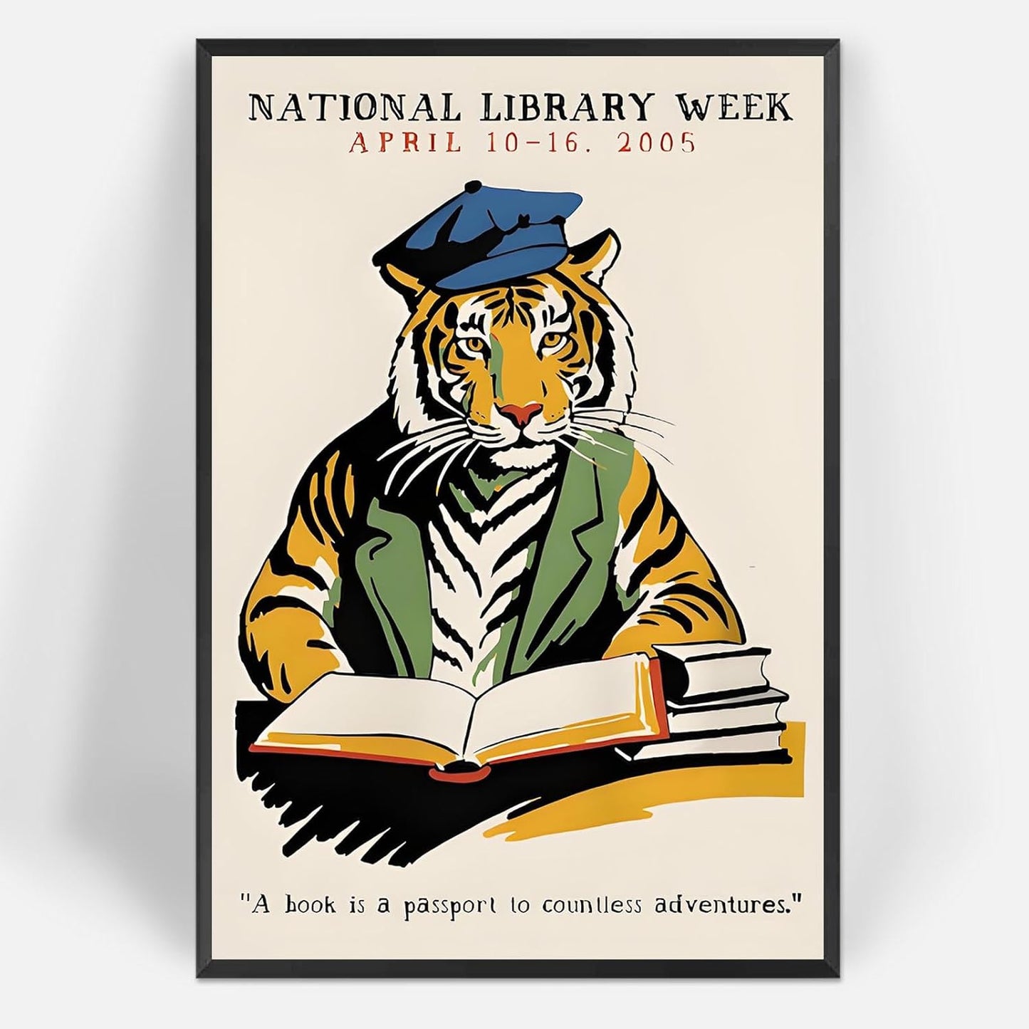 Retro Tiger Reading Books Canvas Posters Trendy 1998 National Library Week Wall Art Animal Book Lover Prints Painting For Living Room Bedroom Library Wall Decor 12x16in Unframed