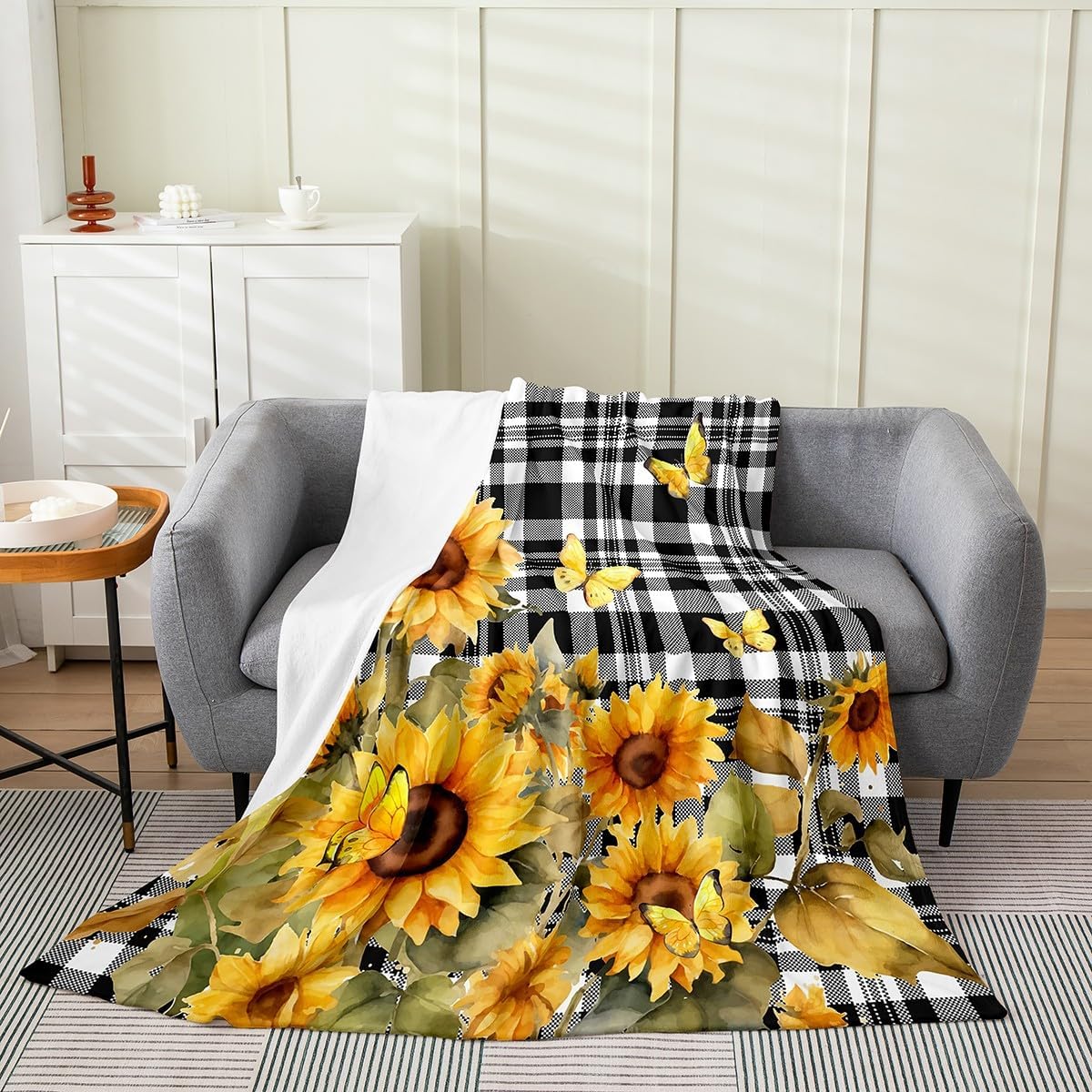 Feelyou Sunflower Flannel Fleece Throw Blanket 40"x50" Happy Fall Y'all Fuzzy Blanket Black and White Grid All Season Bed Blanket for Couch Sofa Butterfly Plush Blanket