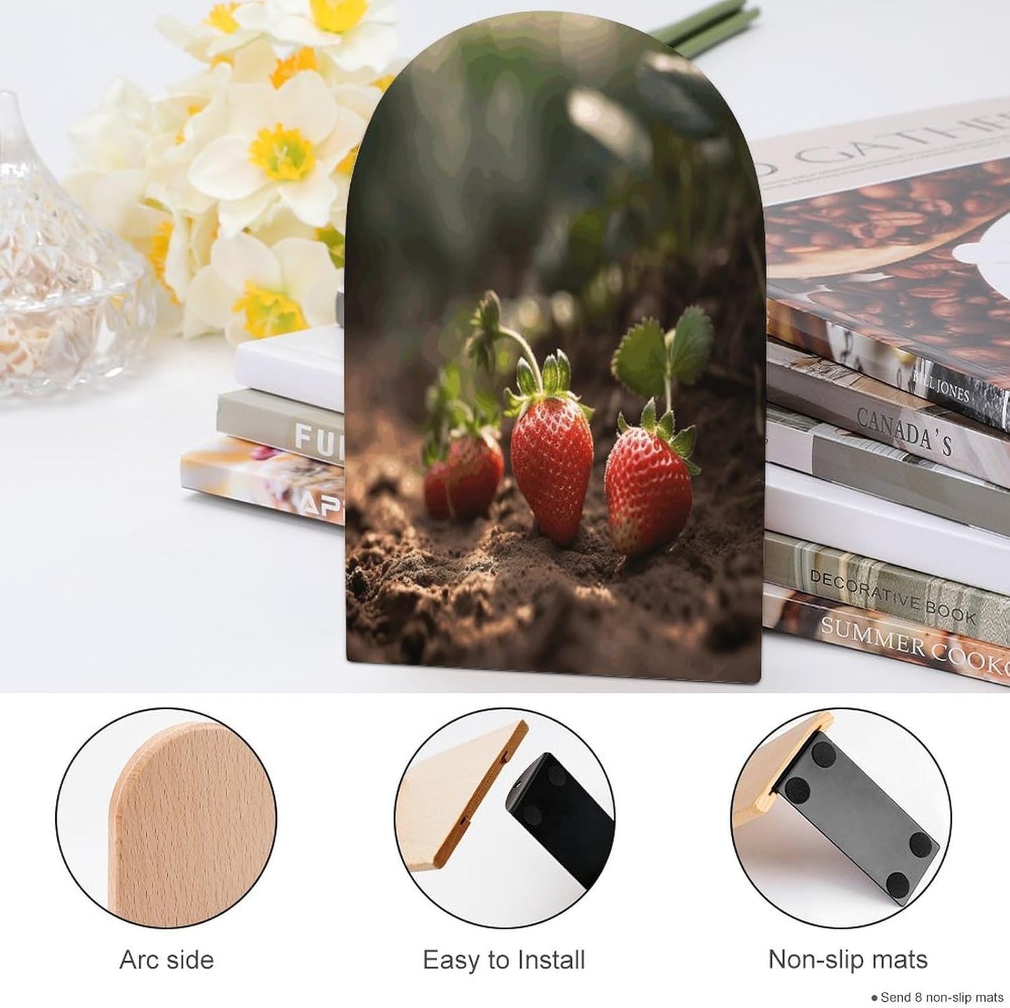 Strawberries in The Soil Bookend for Shelves Wooden Book End Large Size Sturdy Book Holders Stoppers with Metal Base for Bookshelves Slick Decorative Bookends Stands