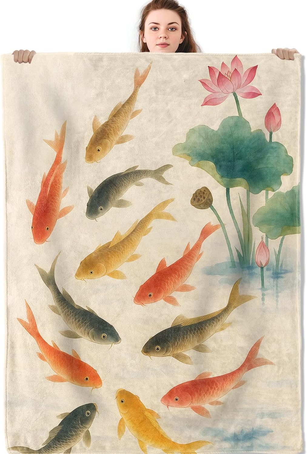 Koi Fish Blanket, Oriental Art Flannel Throw Blankets, 50"x60", Soft Warm Lightweight Fuzzy Cozy Throws for Couch Bed Sofa Living Room Travel Decorative Gifts for Nature Lover Women Men, Beige