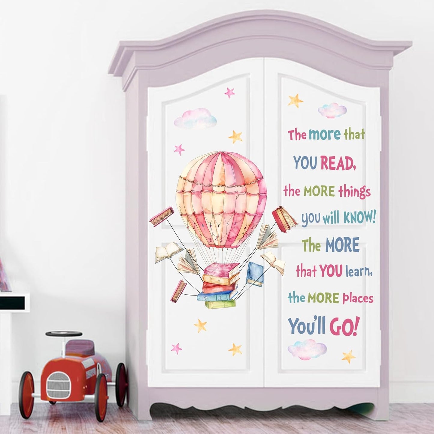 Mfault Reading Book Nook Hot Air Balloon Wall Decals Stickers, Inspirational Quote Cloud Stars Nursery Reading Corner Decorations Kids Bedroom Art, Motivational School Classroom Playroom Home Decor