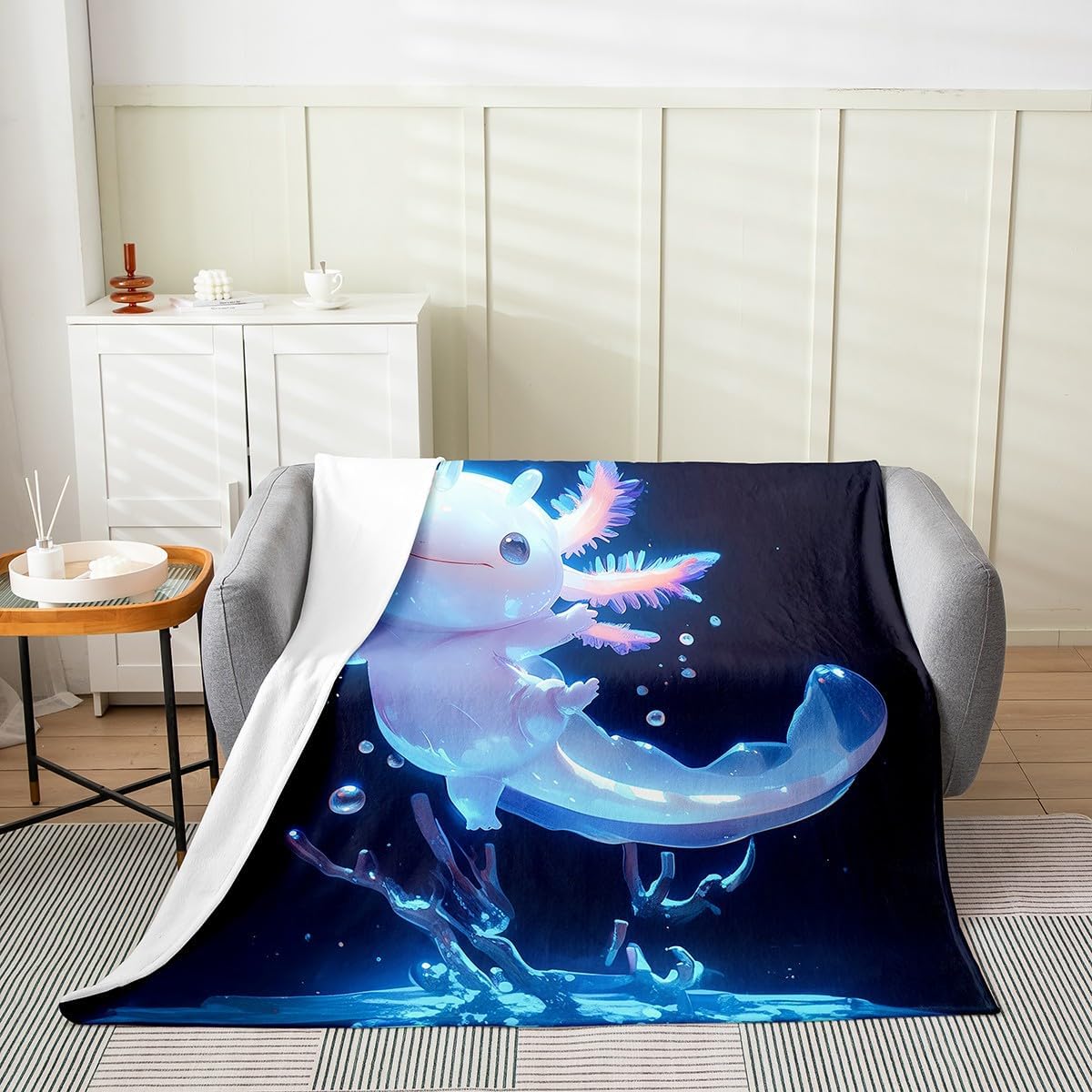 Feelyou Cute Axolotl Fuzzy Flannel Fleece Throw Blanket - Kawaii Ocean Sealife All Season Bed Blanket Gift for Women - Plush Throw 50"x60", Black Blue