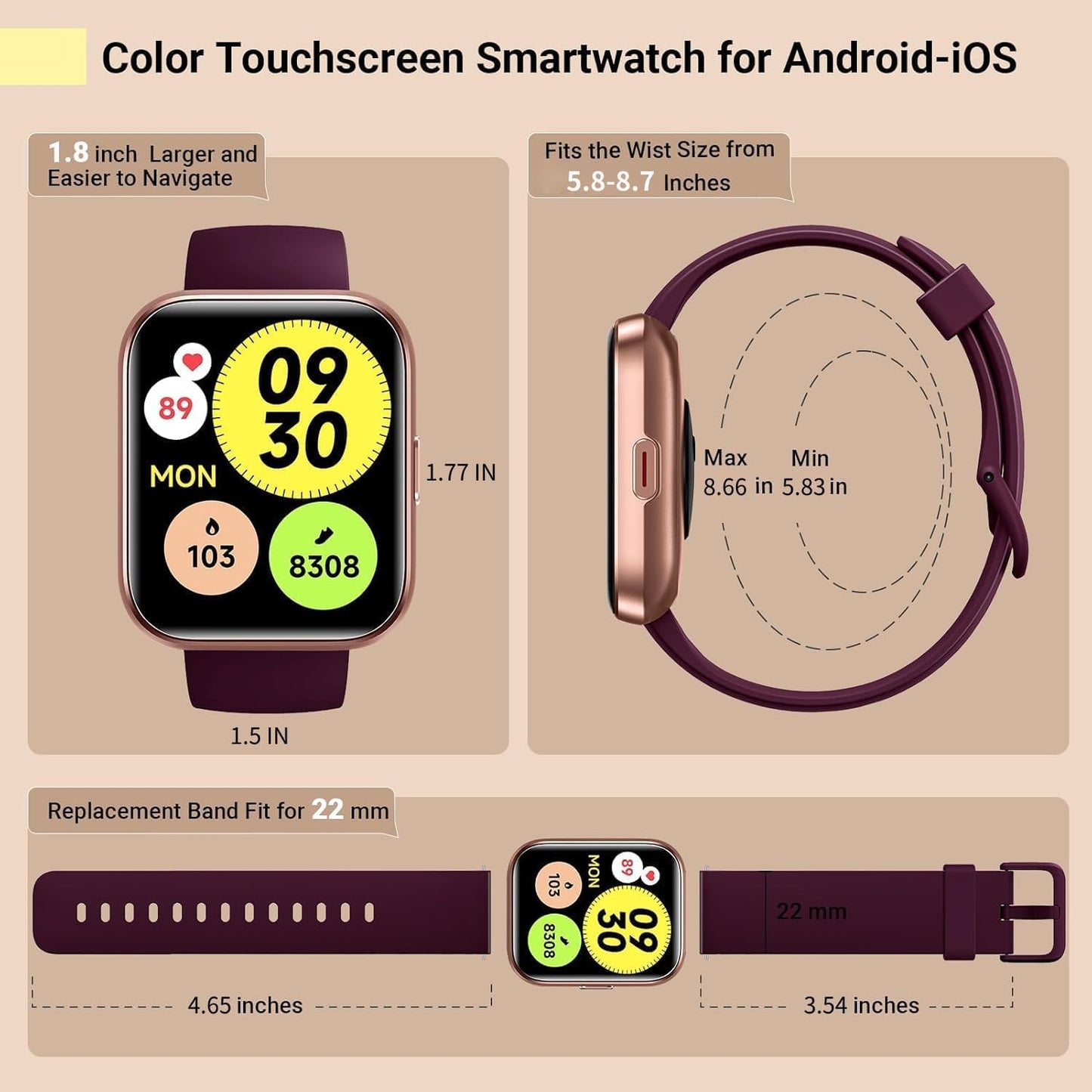 Smartwatch for Women, Compatible with Android & iPhone, 1.8'' Fitness Tracker Watch with Alexa, Call & Notification Alerts, Heart Rate & Sleep Monitor, 120 Sports Modes, Waterproof Watch for Women