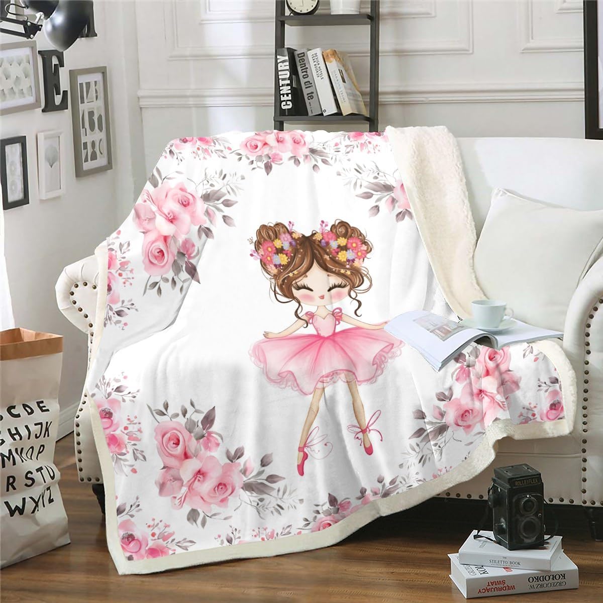 Girly Ballet Blanket for Girls - Kids Ballet Theme Decoration Throw Blanket with Cute Little Dancers Fleece Ballerina Design Fuzzy Pink Rose Print Sherpa Modern Trendy 50"X60"