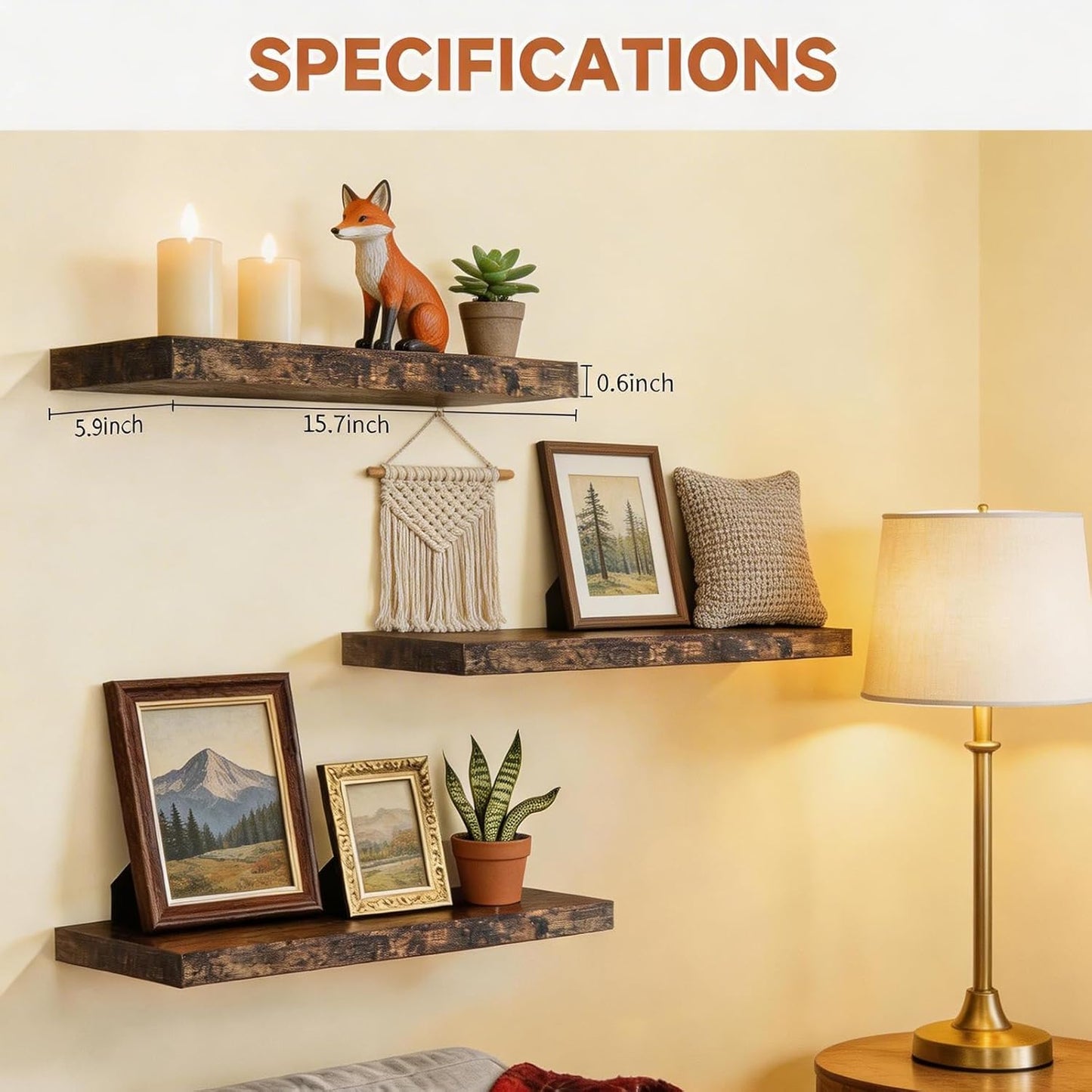 LifetimeWarranty Easy Install Floating Shelves,15.7 Inch Wall Mounted Wooden Floating Shelves, Small Wall Shelf for Storage&Home Decor, Living Room, Kitchen, Office, Corner Shelf for Bathroom,Set of 3