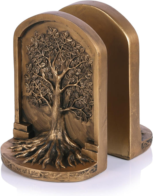 Tree of Life Resin Bookends - Set of 2 Heavy Duty Antique Bronze Book Holders with Non-Slip Bottom, Decorative Bookends for Shelves, Office, Home Library, Living Room and Study Room Decor