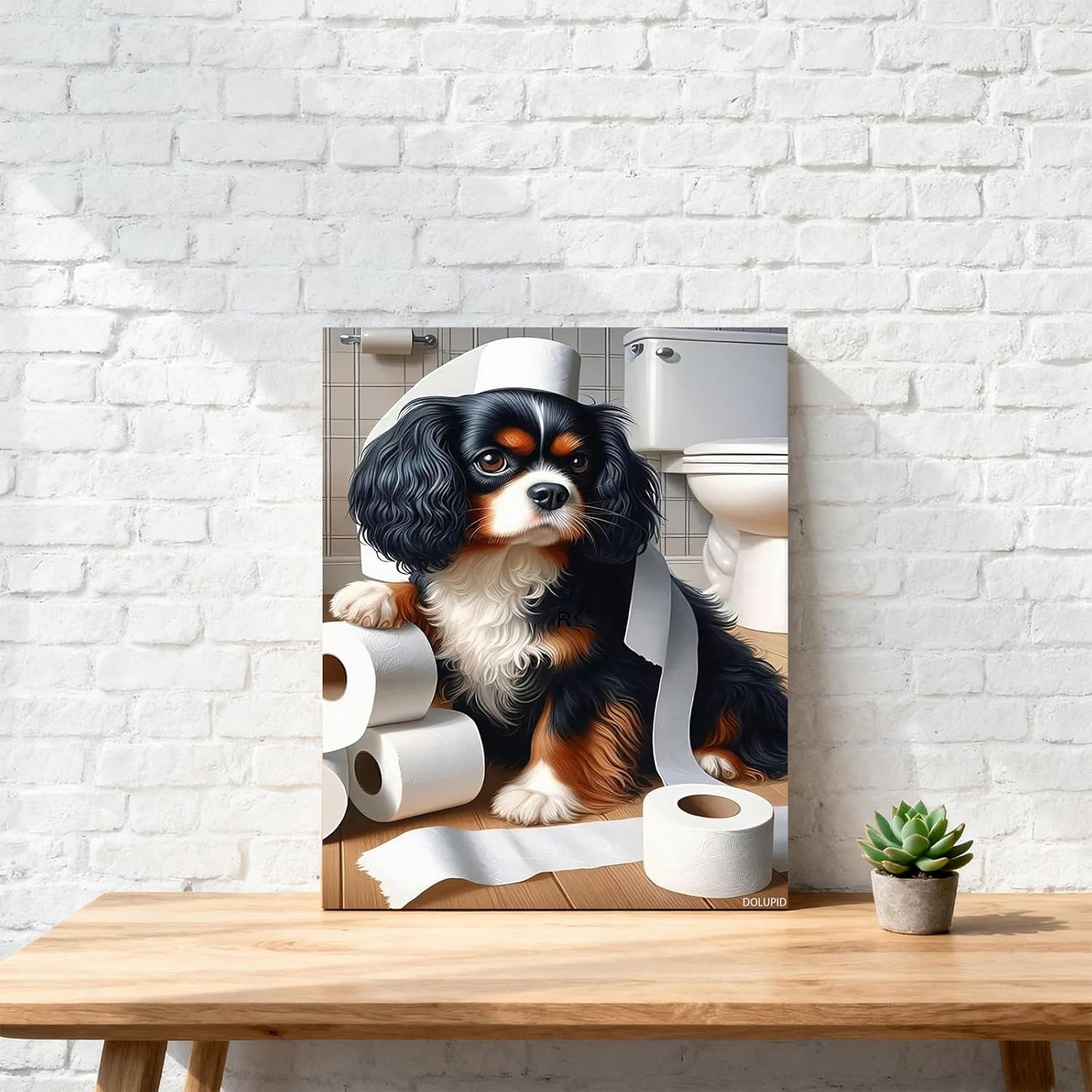 Tricolor Cavalier King Charles Spaniel Bathroom Wall Art Funny Dog Toilet Paper Poster, Black and White Washroom Decor, Gift for Dog Lovers 8x10inch Framed