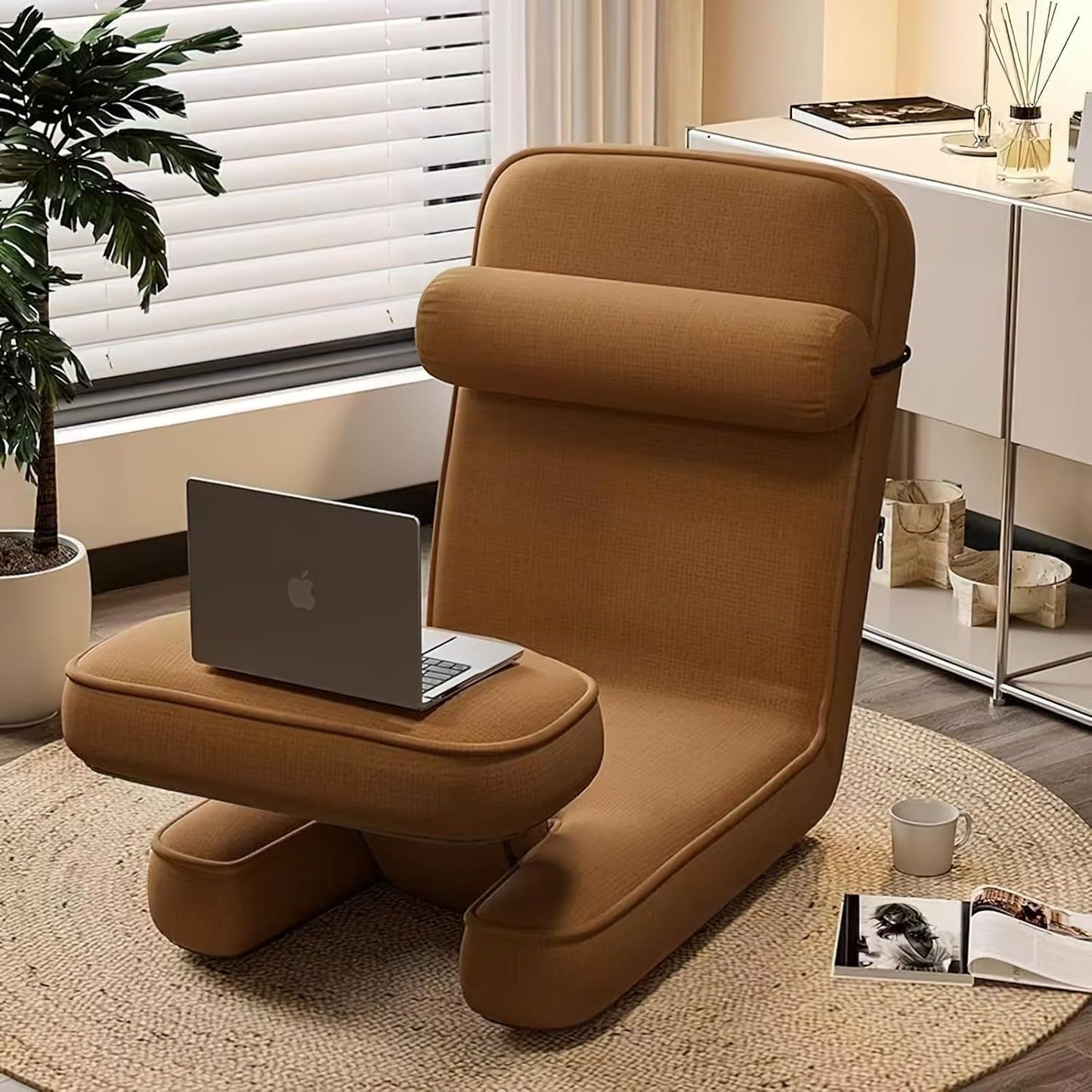 Ergonomic Small Sofa Chair, Tatami Bed, Adjustable backrest Chair, Lazy Sofa, Bedroom Computer Chair, Folding Lounge Chair (Coffee Brown)