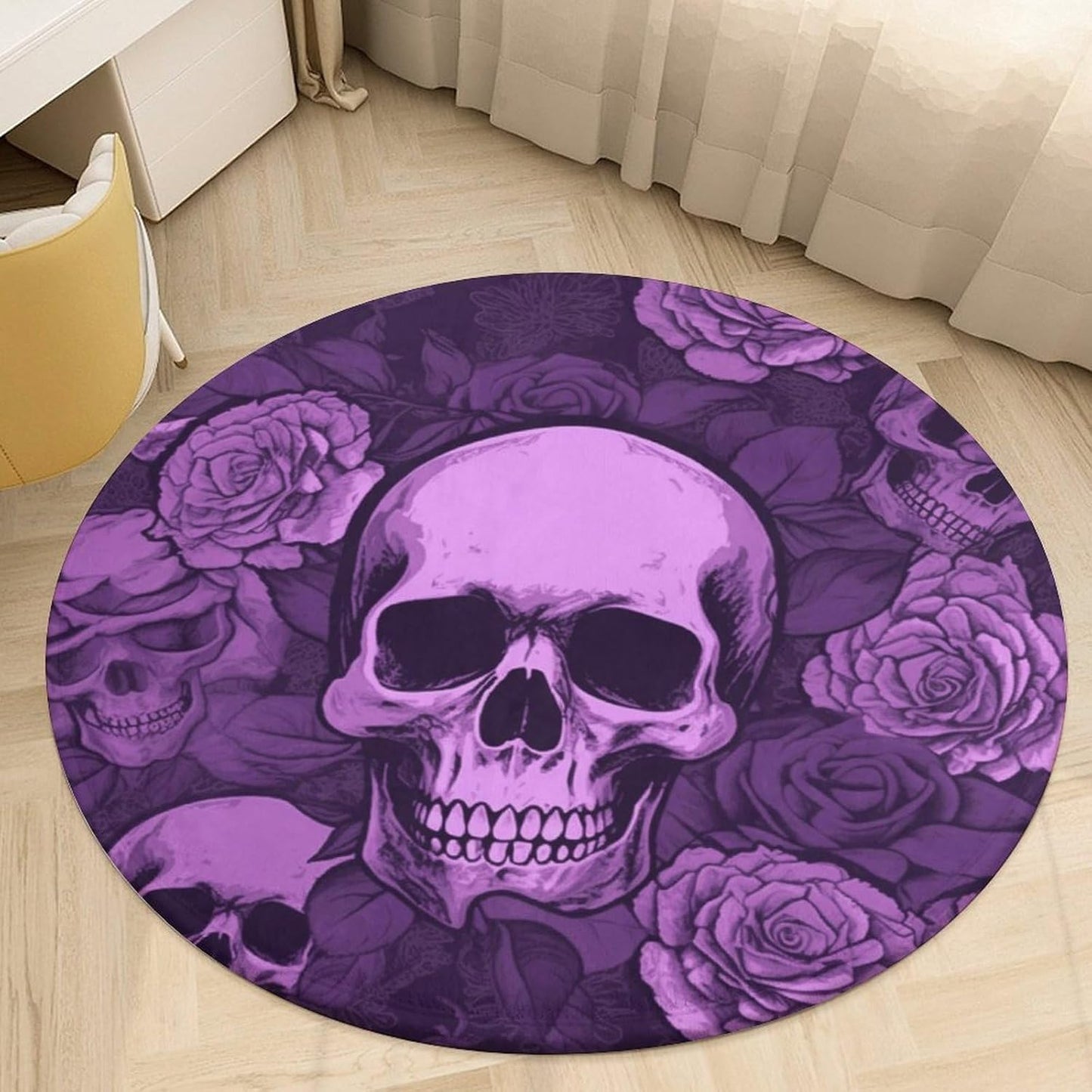 Purple Skulls and Roses Circle Rug Retro Luxury Coral Velvet Floor Mat Non Slip Soft Indoor Floor Carpet Comfy Thickened Area Rugs Modern Aesthetic Minimalist Carpets for Home Decor