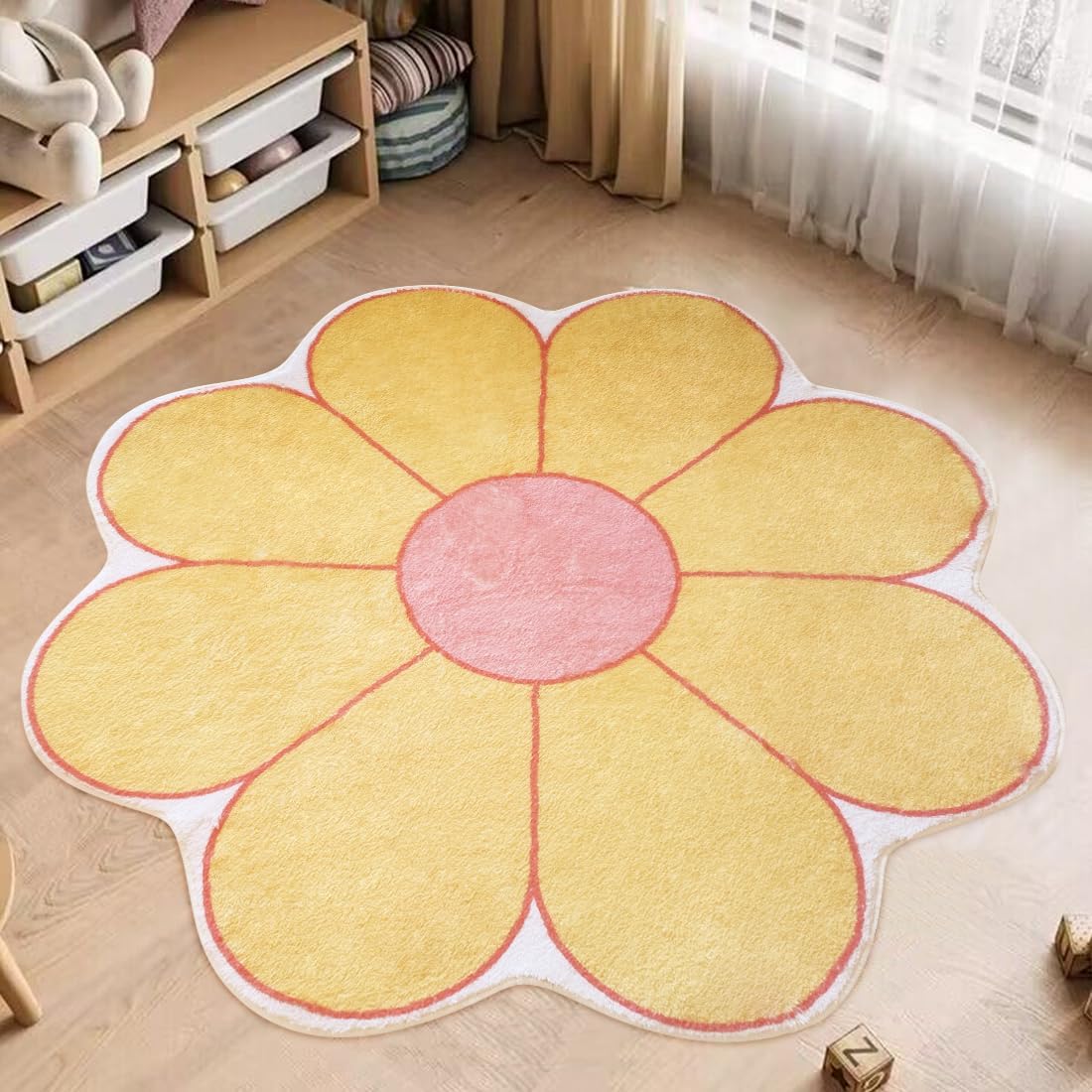 Poowe Flower Shaped Area Rug, Soft Floral Washable Round Rug - 39.4" Yellow