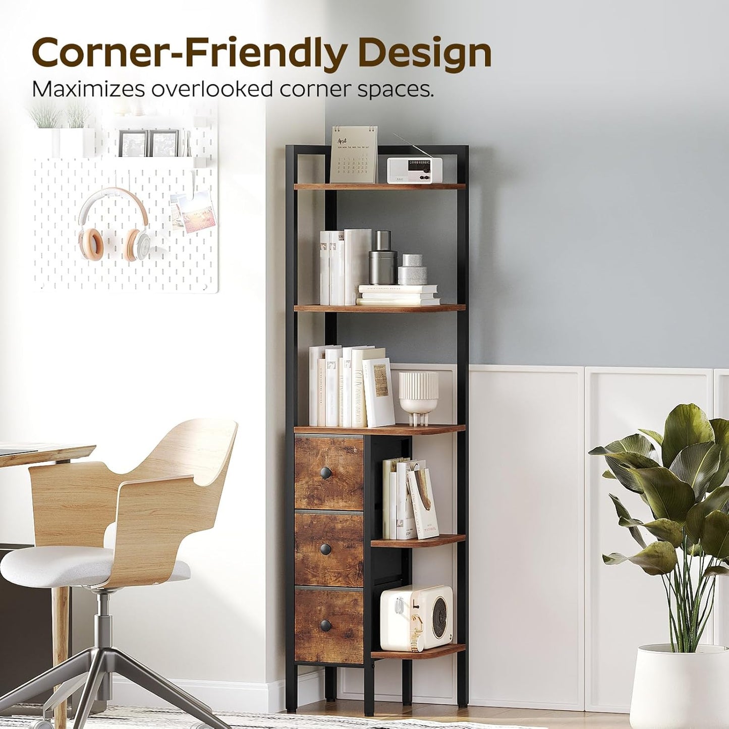 Corner Shelf Stand, 5-Tier Corner Bookshelf with 3 Drawers, Industrial Display Shelf for Narrow Spaces, Wooden Small Bookcase, Easy Assembly, Rustic Brown and Black CJ10BR