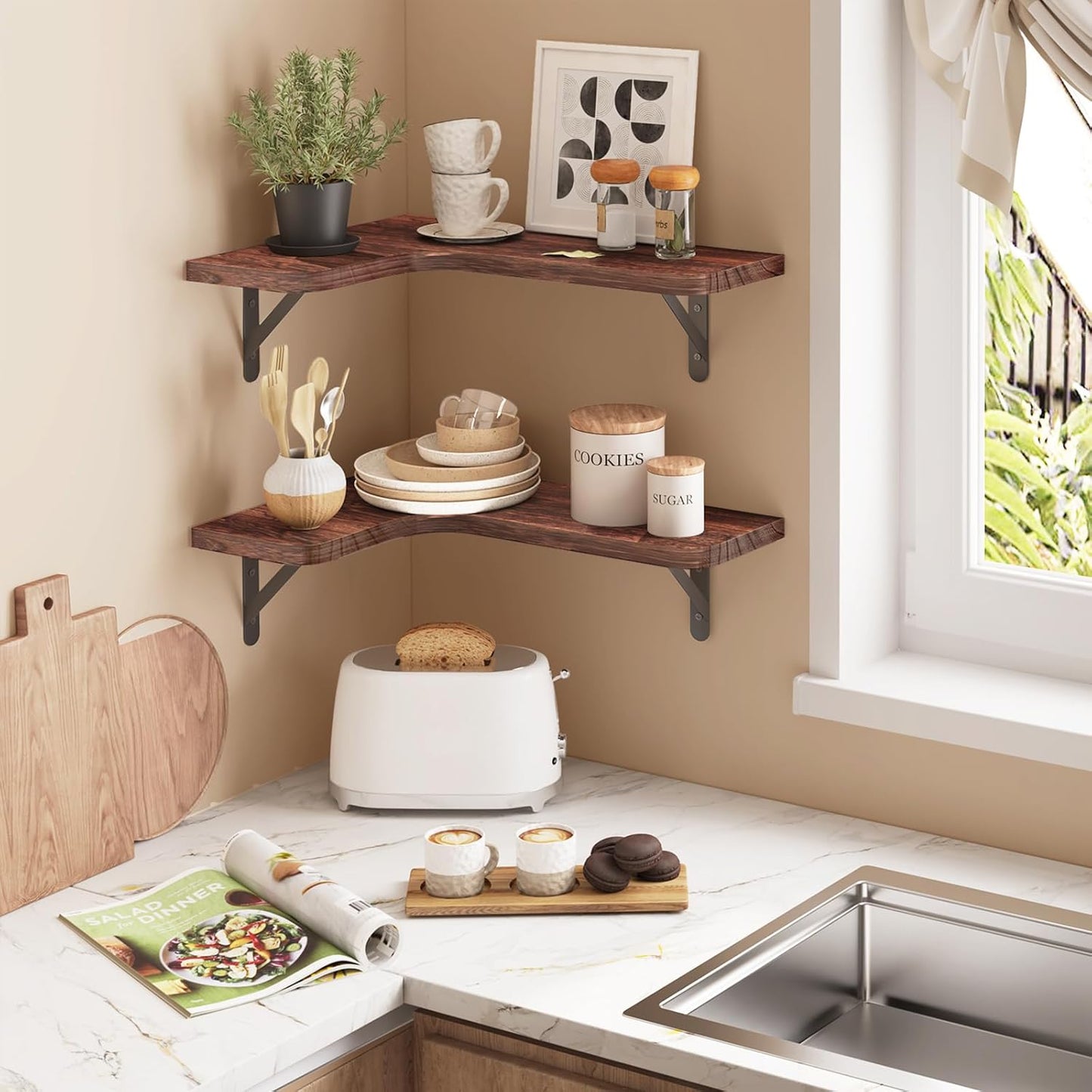 YGEOMER Corner Floating Shelves, Wall Mounted Corner Shelf for Bathroom, Kitchen, Bedroom, Home Decor, Laundry Room, Living Room(Set of 4 Walnut Brown)